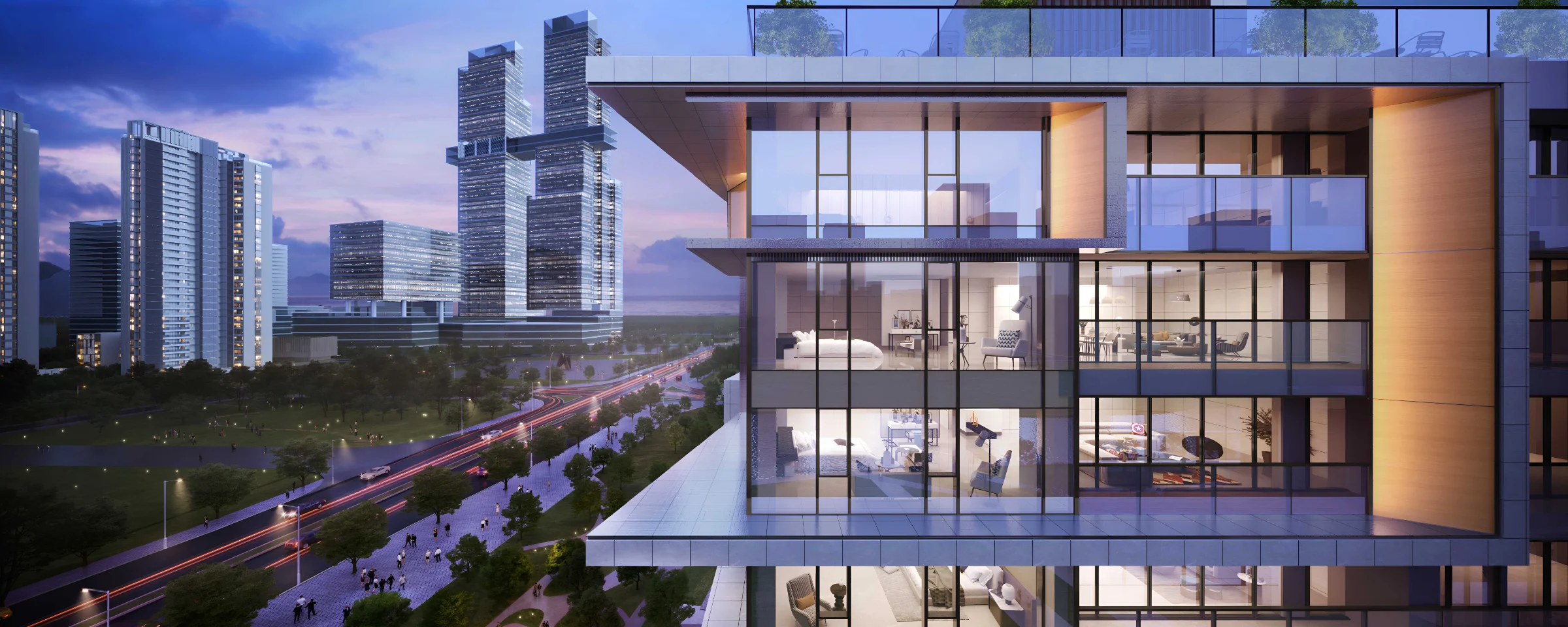 Un gratte-ciel moderne avec appartements éclairés et vue sur la ville au crépuscule.