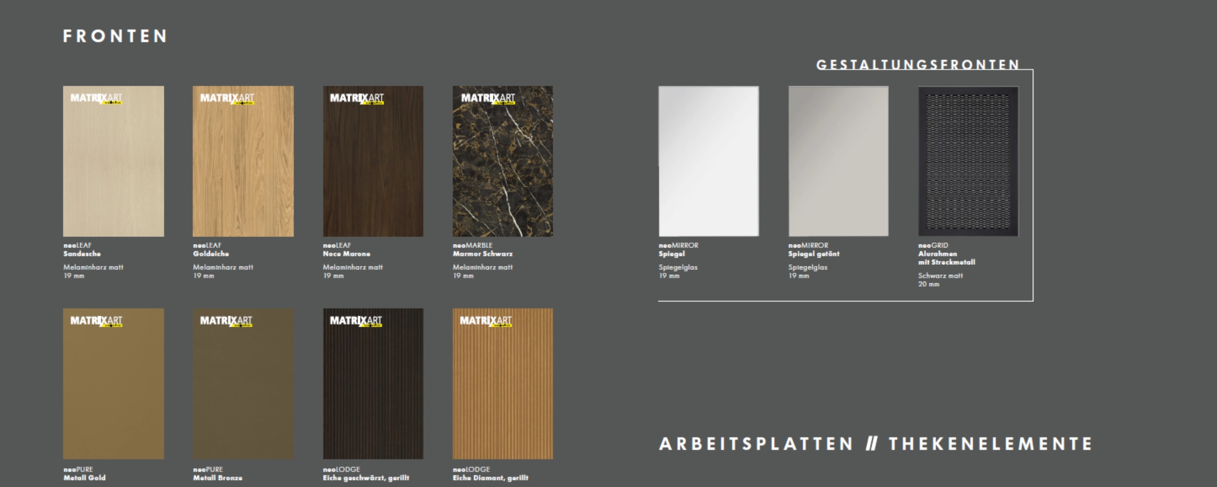 Différents designs de façades et de plans de travail de Nolte Kitchen.