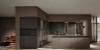 Une cuisine moderne et minimaliste avec des éléments en bois sombre et un îlot, Nolte Kitchen.