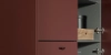 Un élégant placard de cuisine ouvert avec portes rouges et boîtes de rangement modernes. Nolte Kitchen.