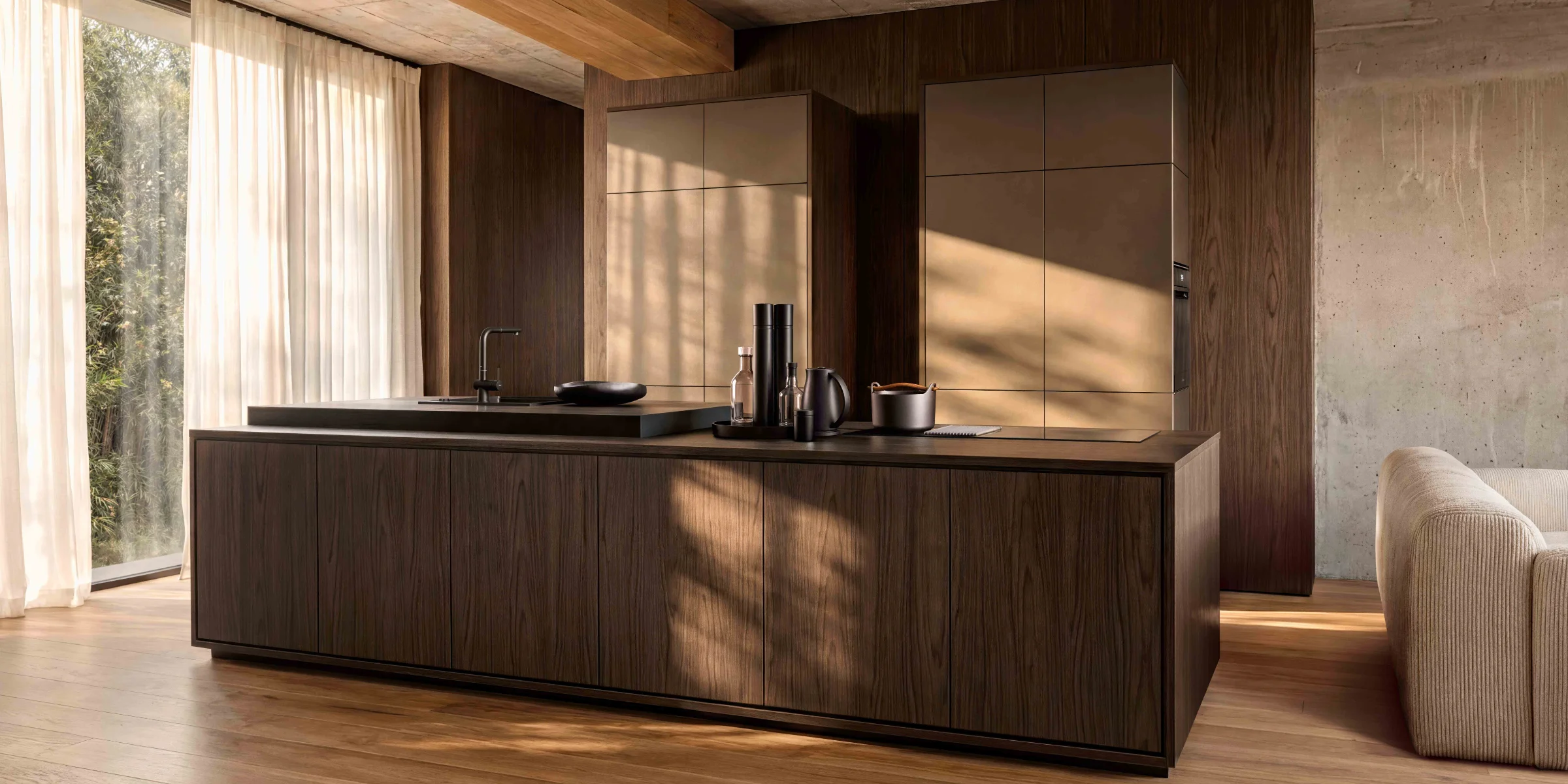 A modern kitchen with wood paneling and a large island, Nolte Küchen.