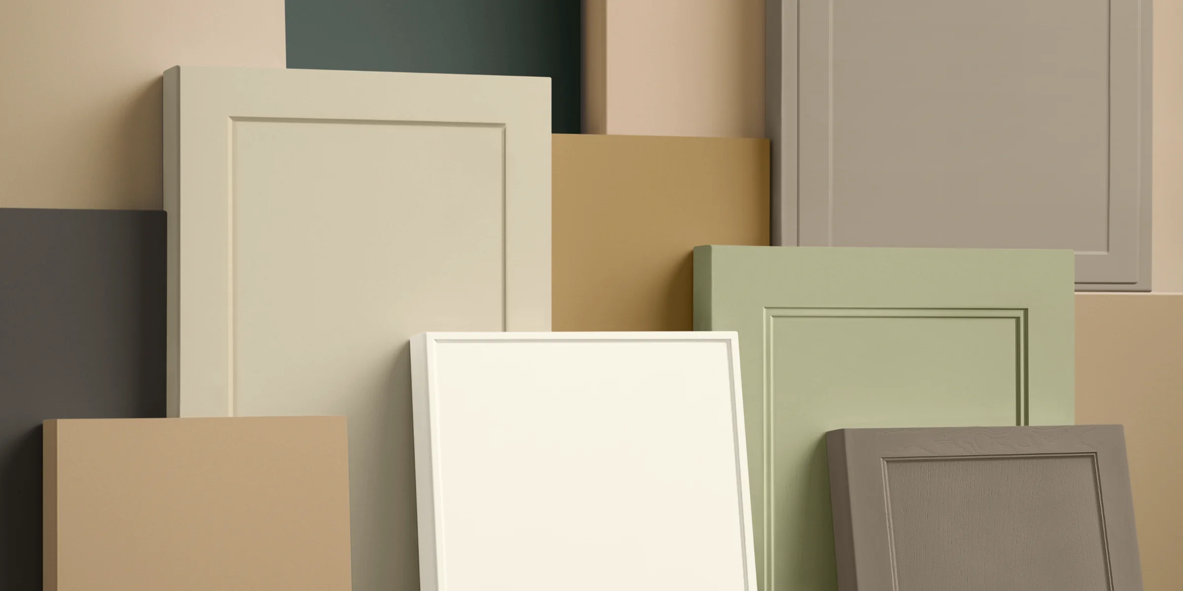 Verschillende Nolte keukenfronten in matte lak - in zachte kleuren zoals greige, kasjmier, karamel, olijf en magnolia - tonen de variatie van het matte lakconcept 2025 met gladde en omkaderde designs.