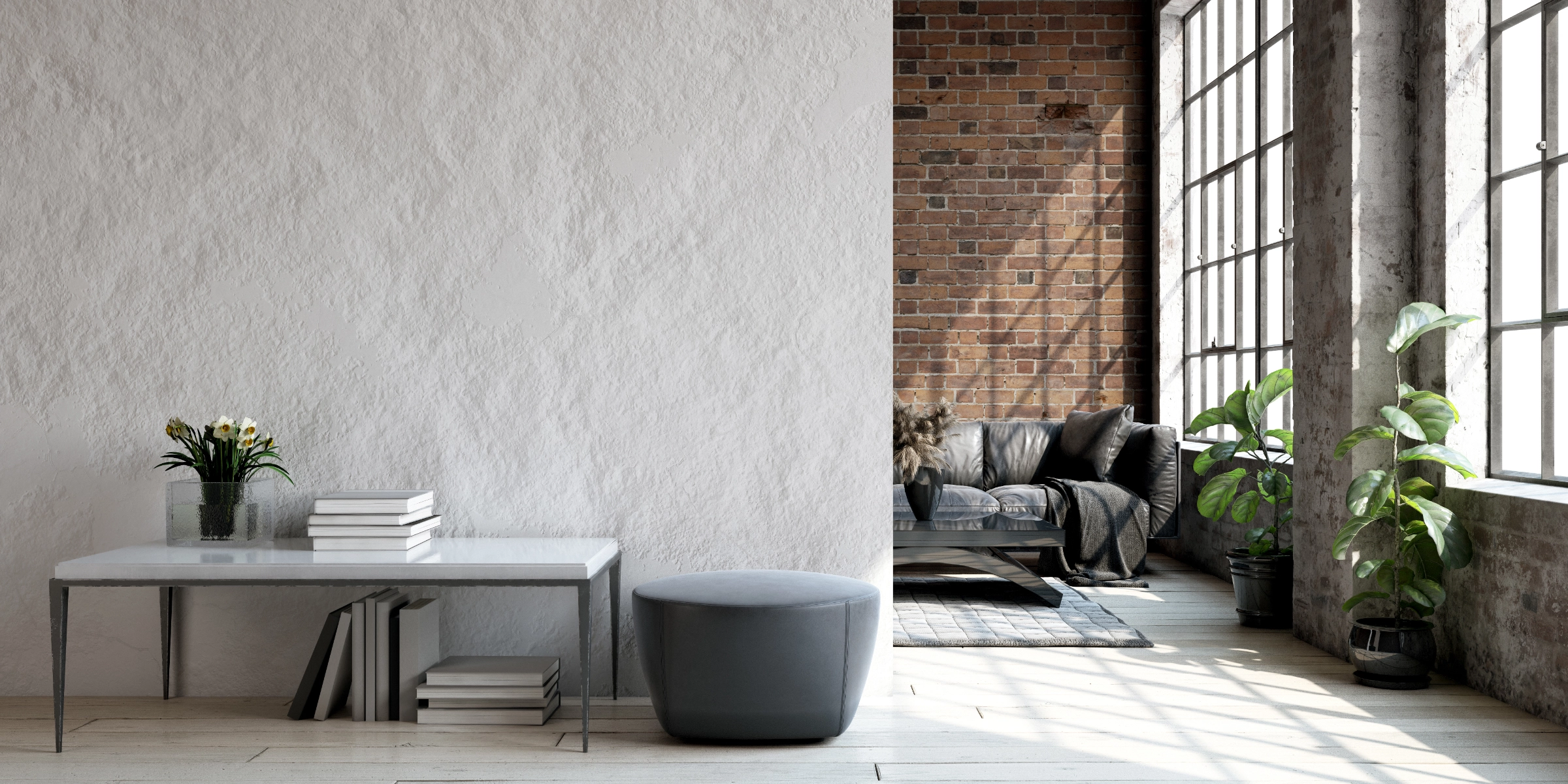 Ein stilvoll eingerichtetes Wohnzimmer mit modernen Möbeln und großen Fenstern, Nolte Living.