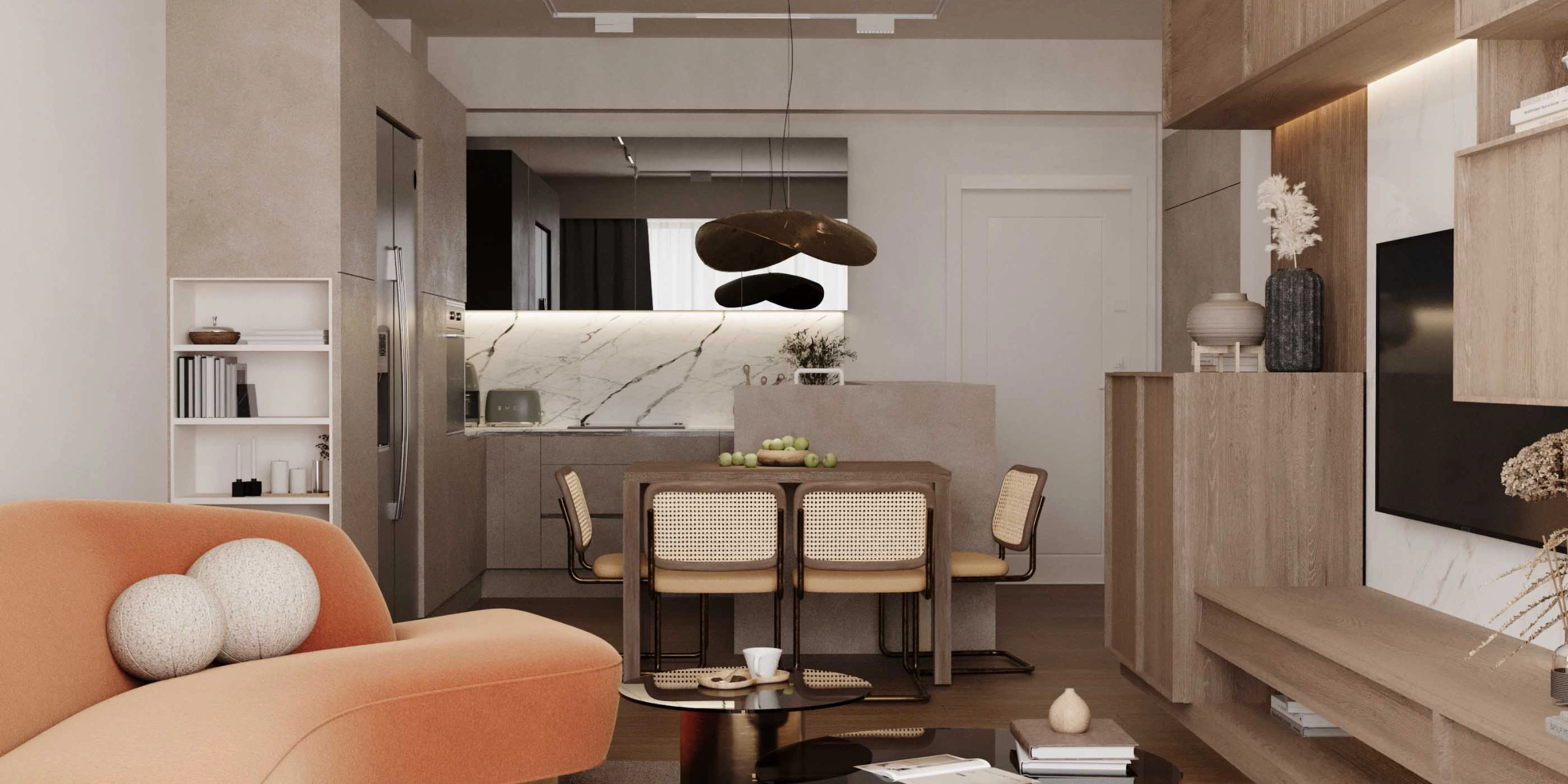 Ein modernes Wohnzimmer mit Essbereich in Holzoptik, das stilvoll eingerichtet ist. Nolte Living.