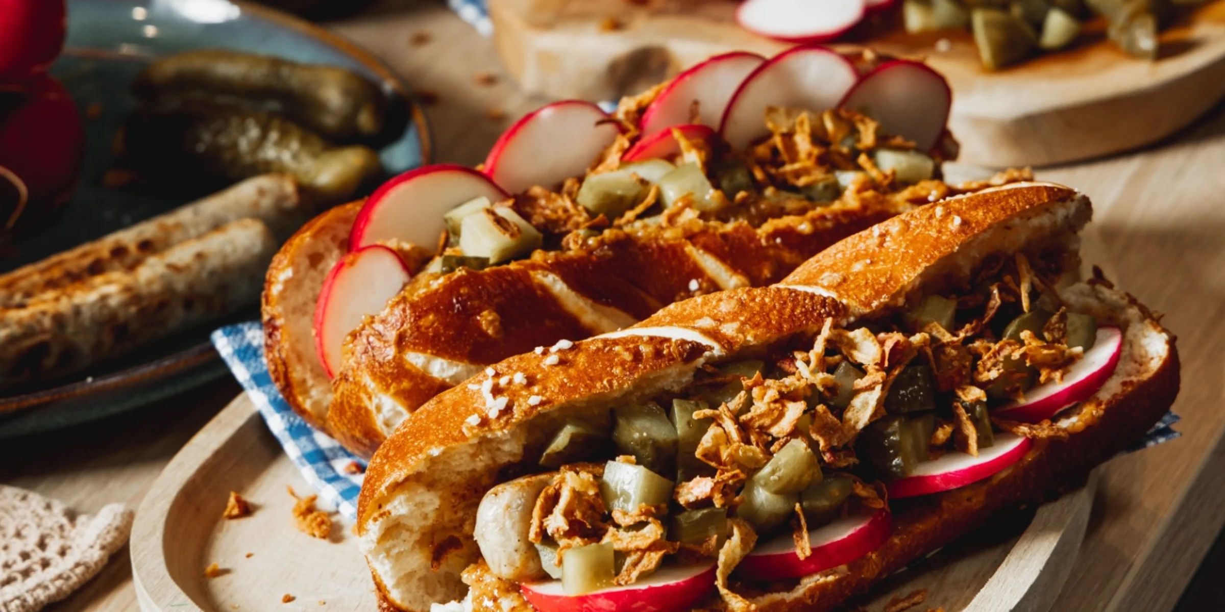 Hot dog in a pretzel bun with sausage, radishes, pickles and crispy onions, served on a wooden board.