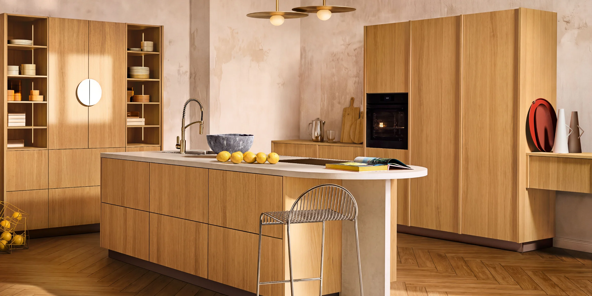 A modern kitchen with wood fronts and a central island. Nolte Küchen.