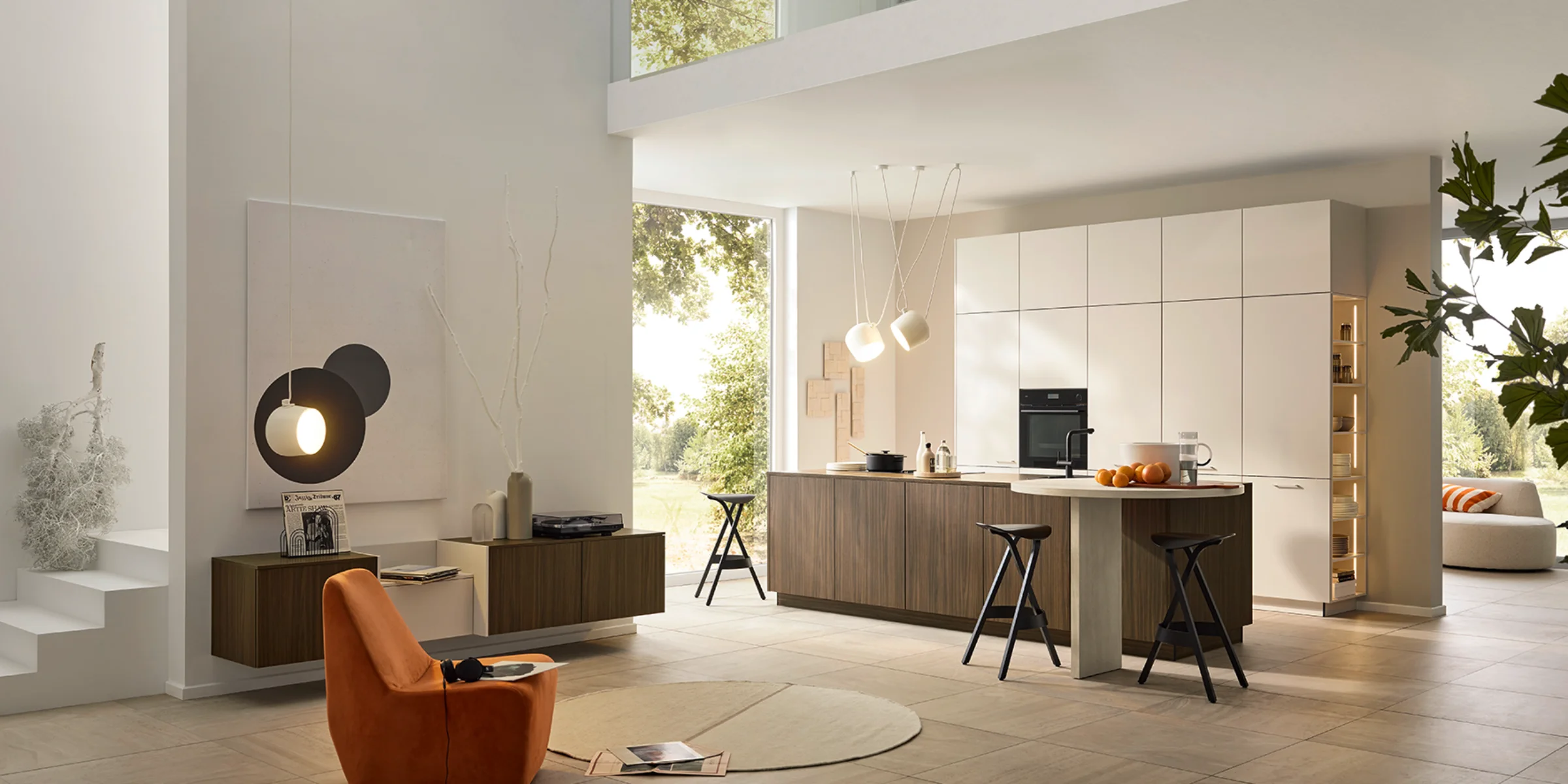 Moderne Nolte Küche MANHATTAN in Walnuss Havanna mit Insel und Kaschmir softmatt Fronten