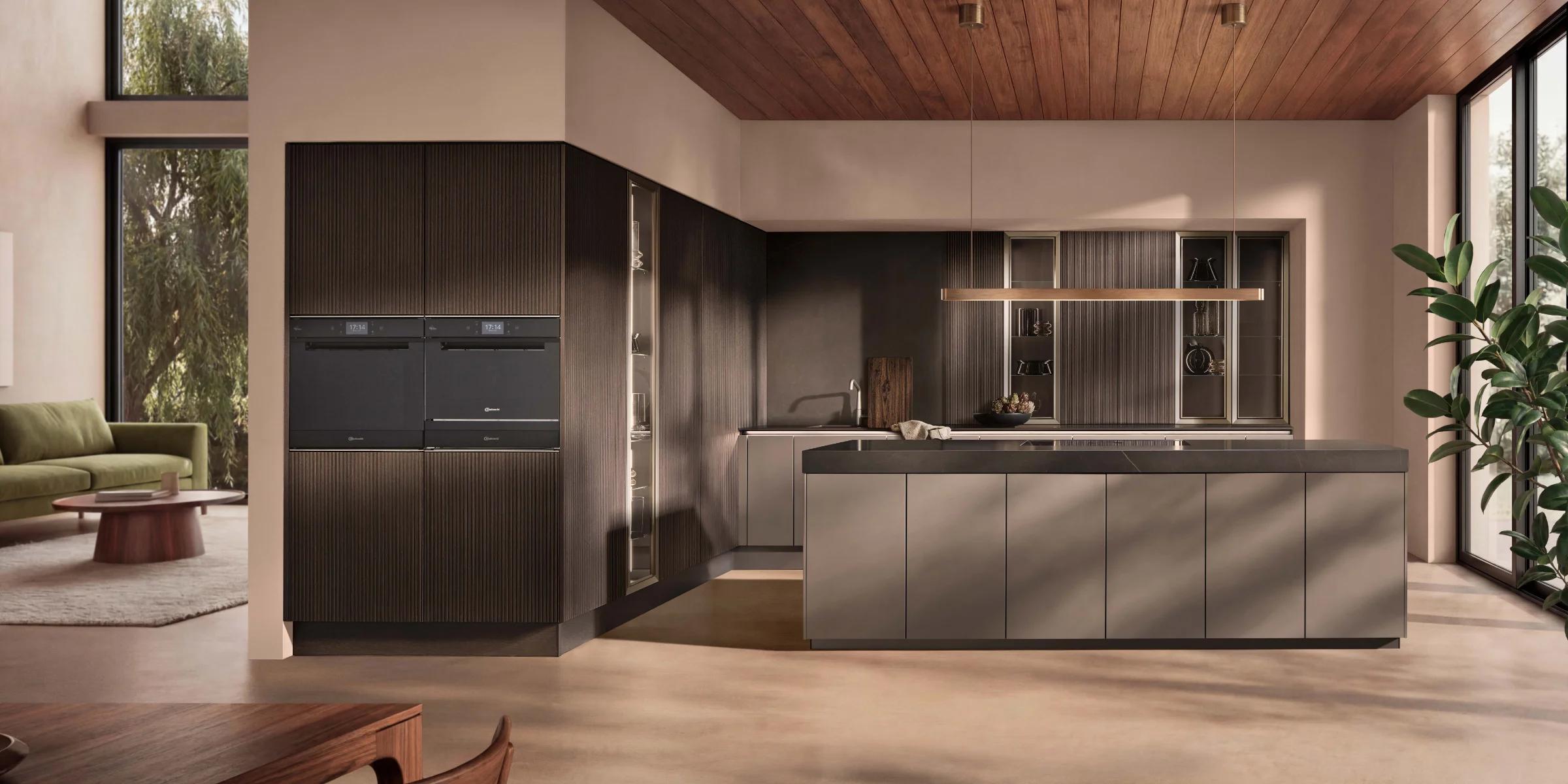 A modern kitchen with a wooden ceiling and large windows. Nolte kitchens.