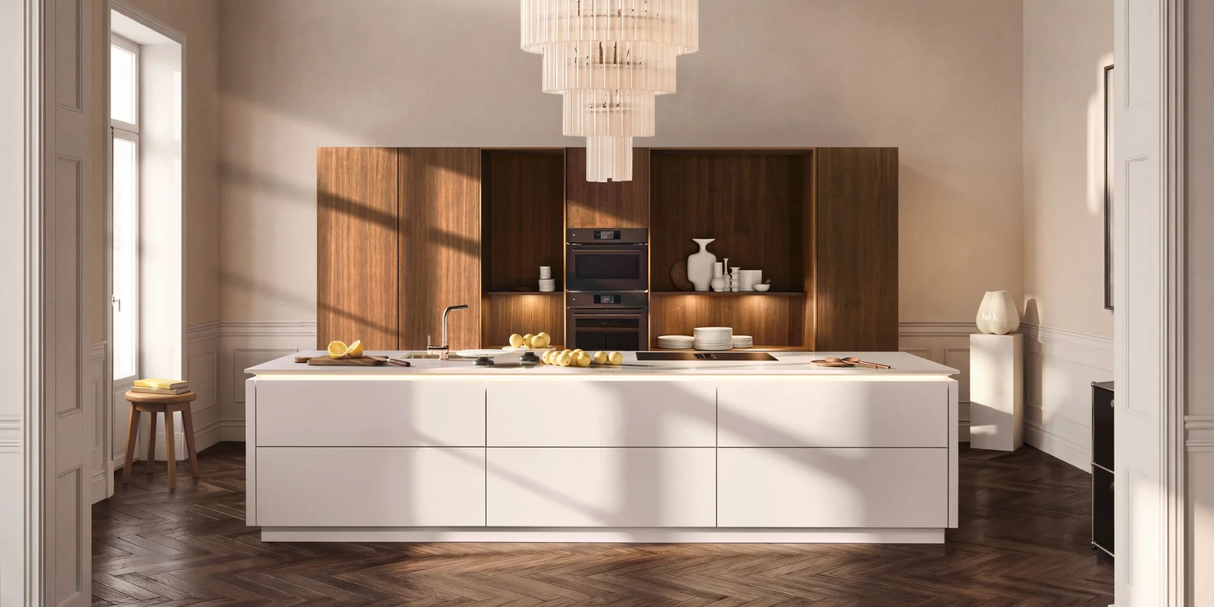 A stylish kitchen with an island and wood decor features a chandelier, Nolte Küchen.