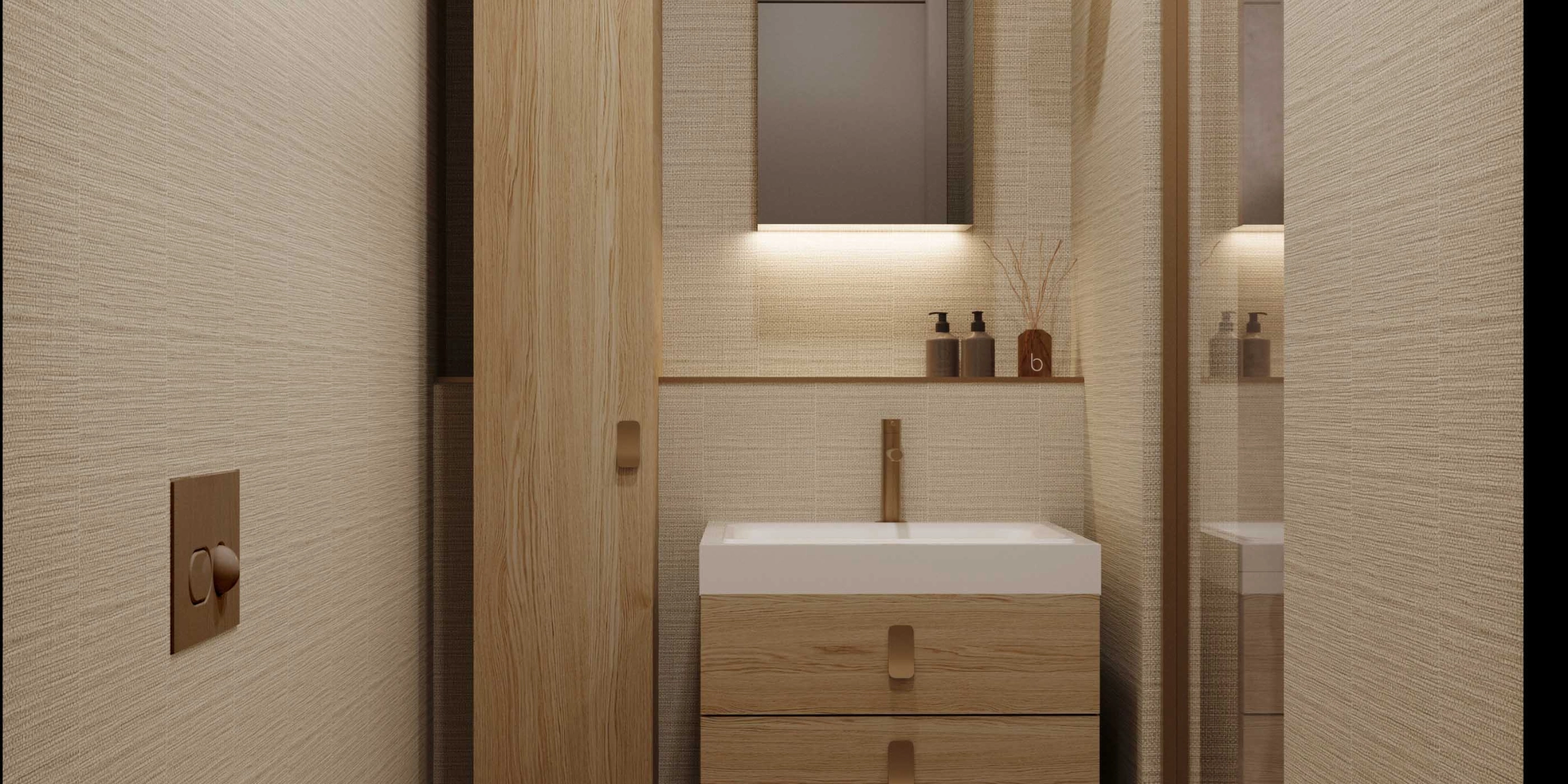 Modernes Badezimmer mit Holzakzenten, Waschbecken und Spiegel; Nolte SPA Design.