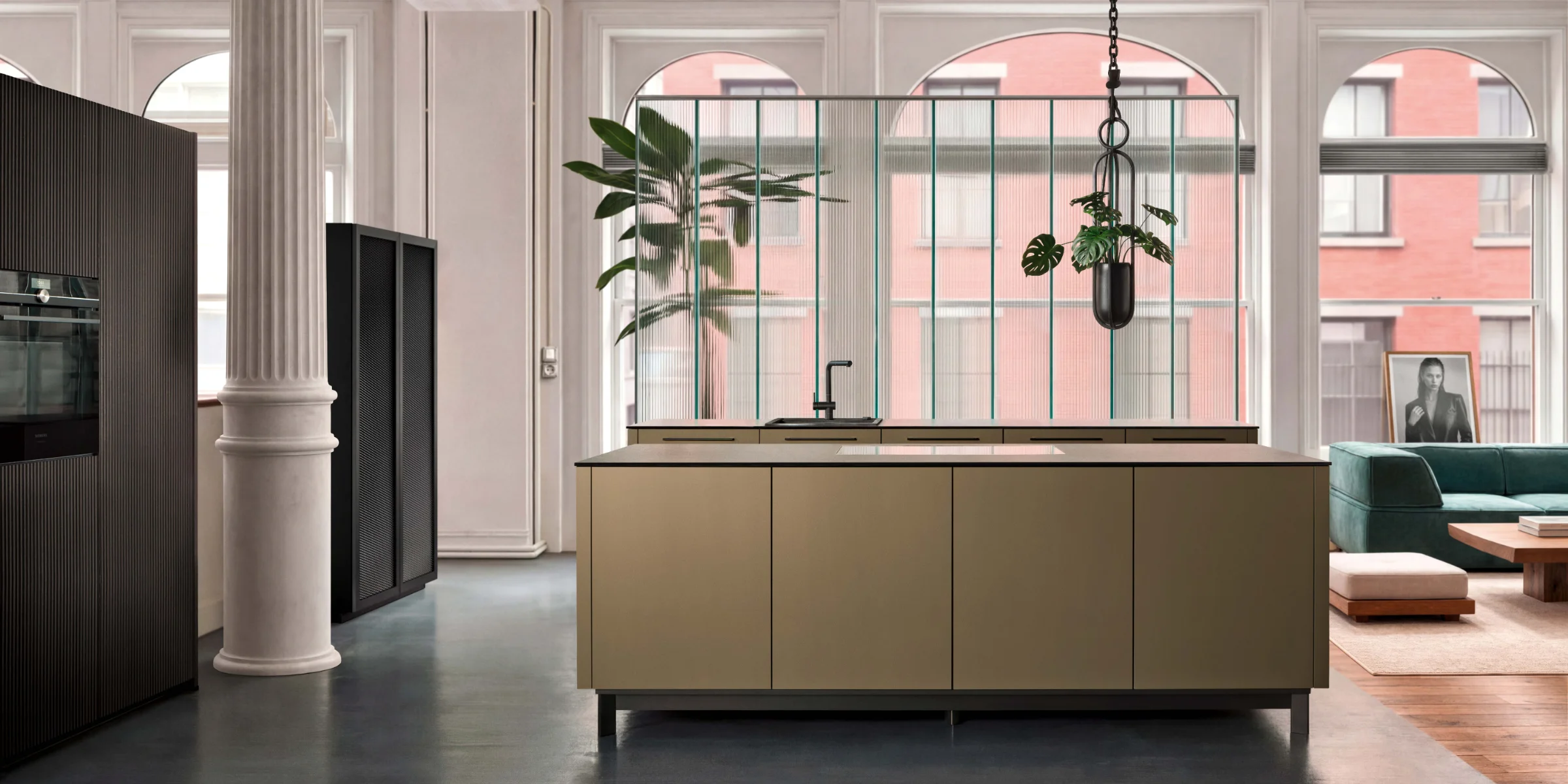 Modern kitchen with large windows and island showcasing Nolte Küchen design.