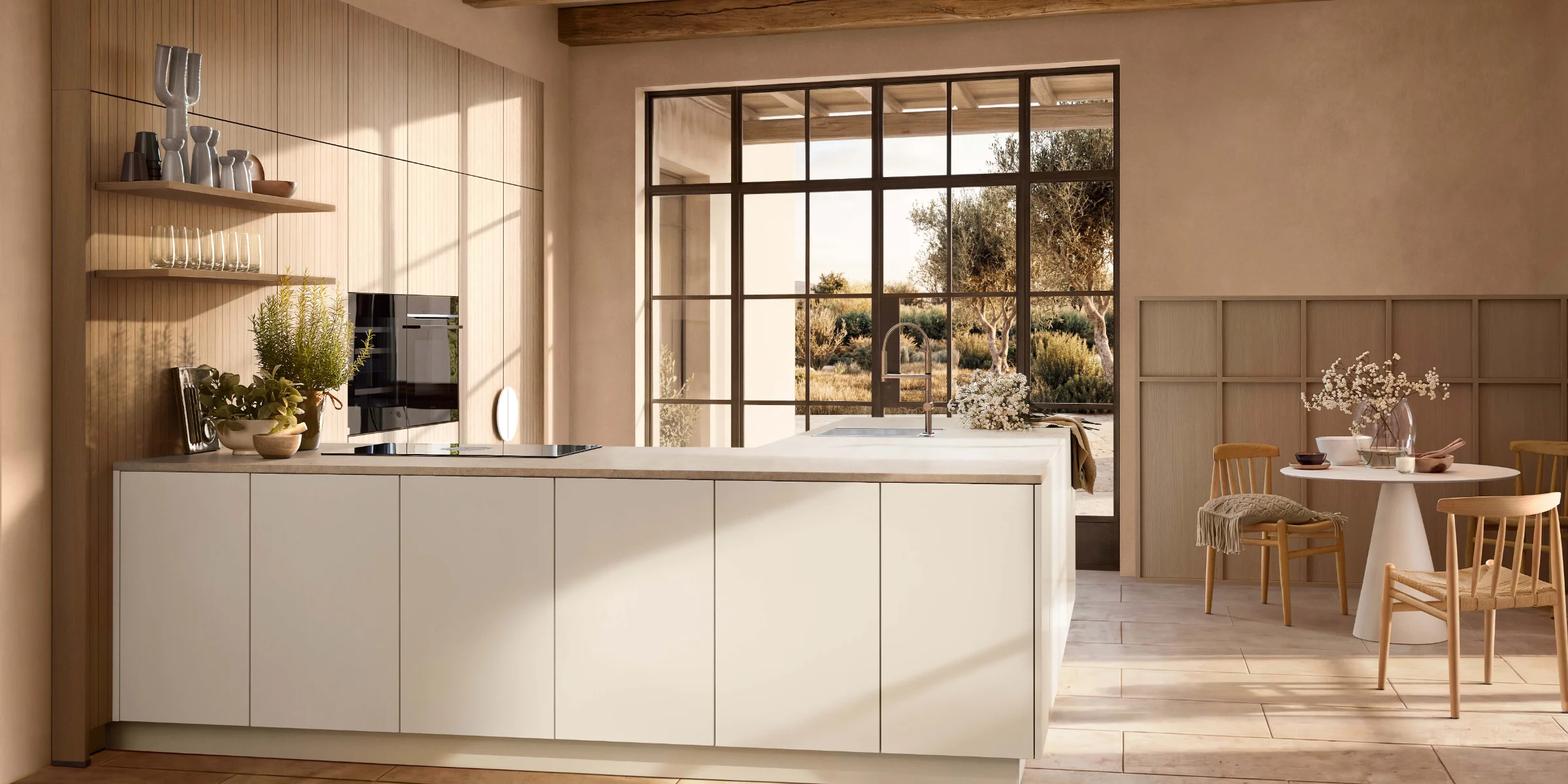 A modern kitchen with large windows and wooden elements. Nolte Kitchens.