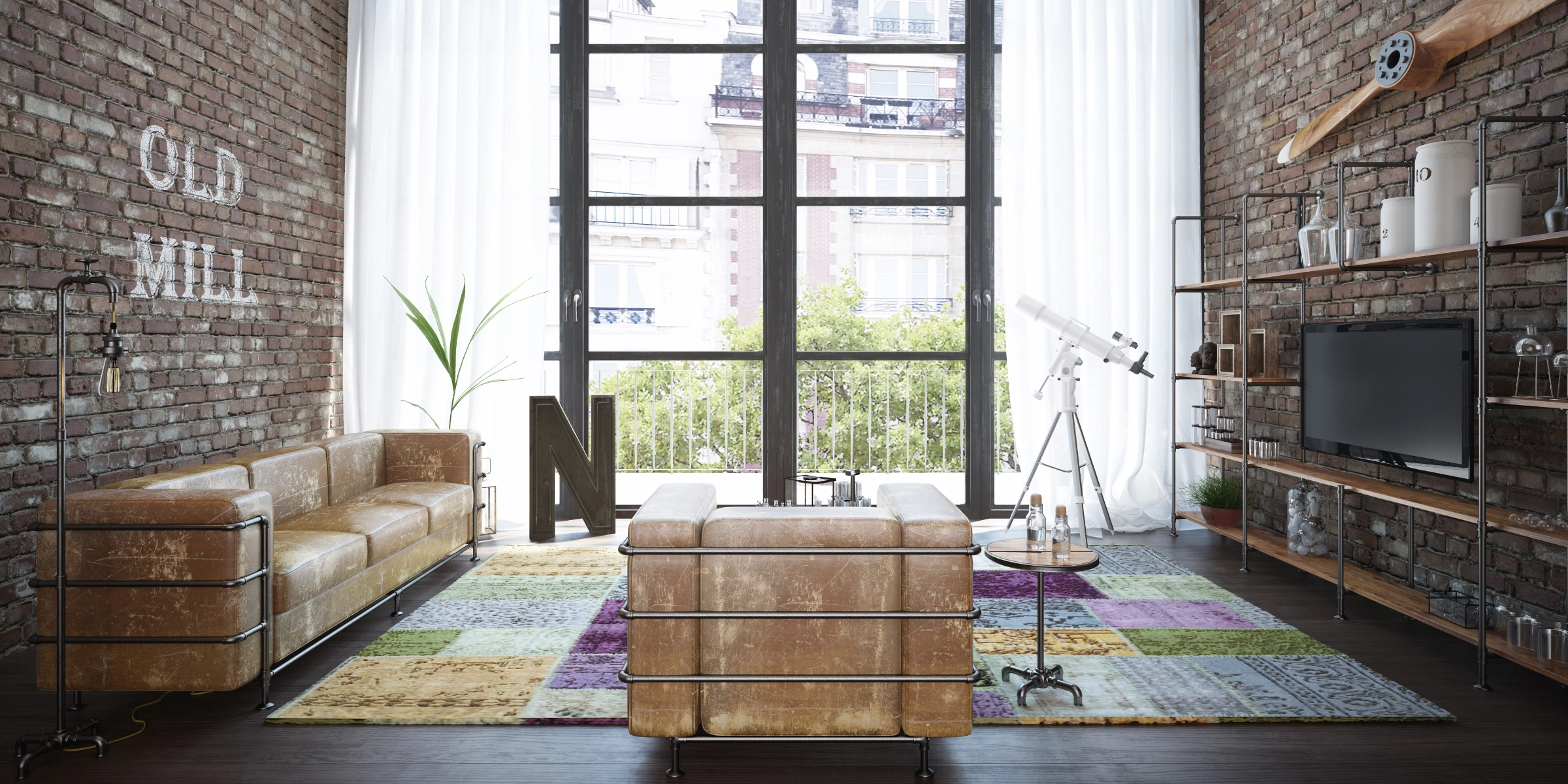 Ein stilvoller Wohnraum mit Backsteinwänden und modernen Möbeln, inklusive Nolte Living.