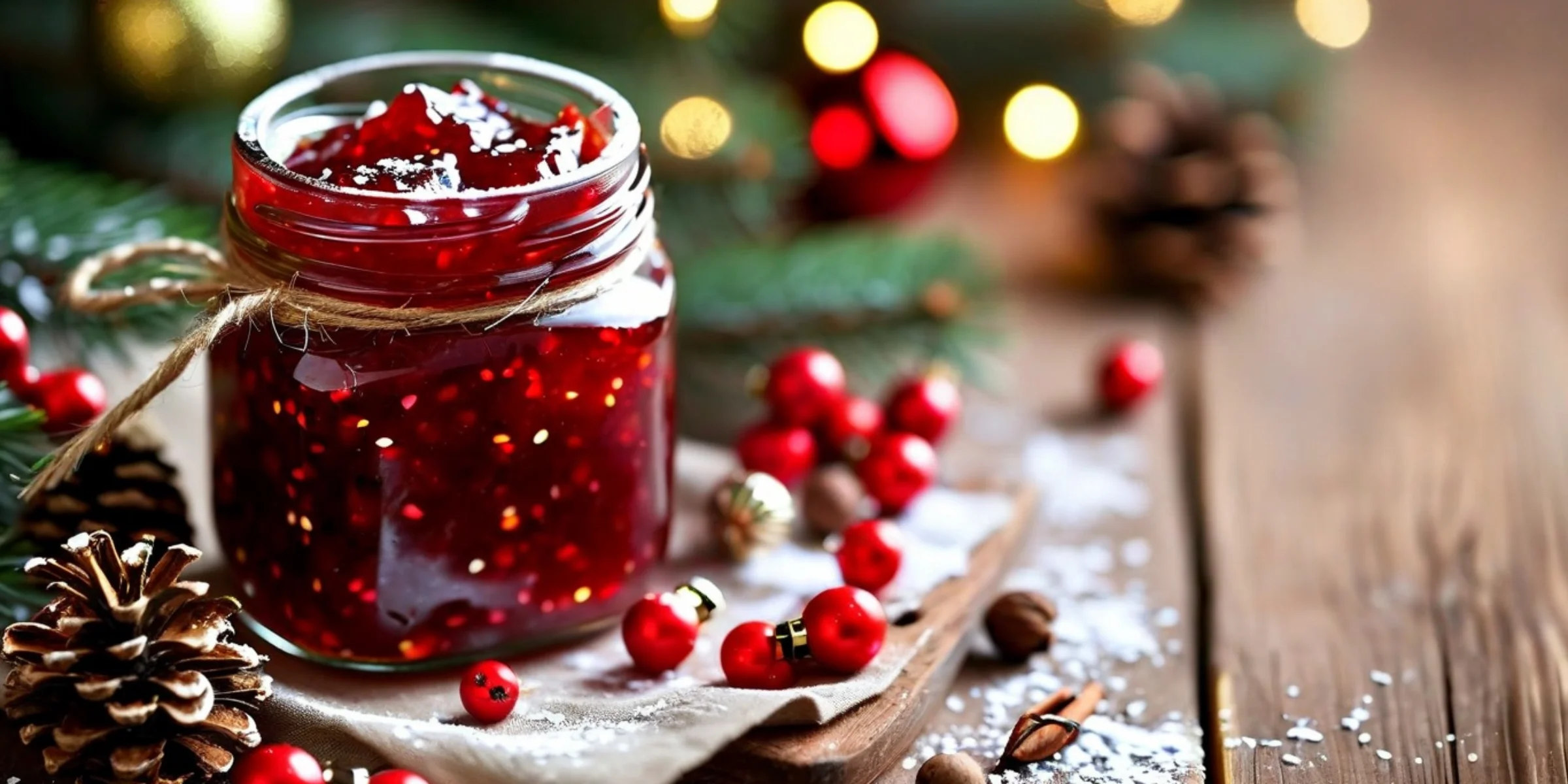 Een geopende pot zelfgemaakte kerstjam van rode bessen, decoratief omringd door dennentakken, rode bessen, kaneelstokjes en winterse kerstversieringen op een houten tafel.