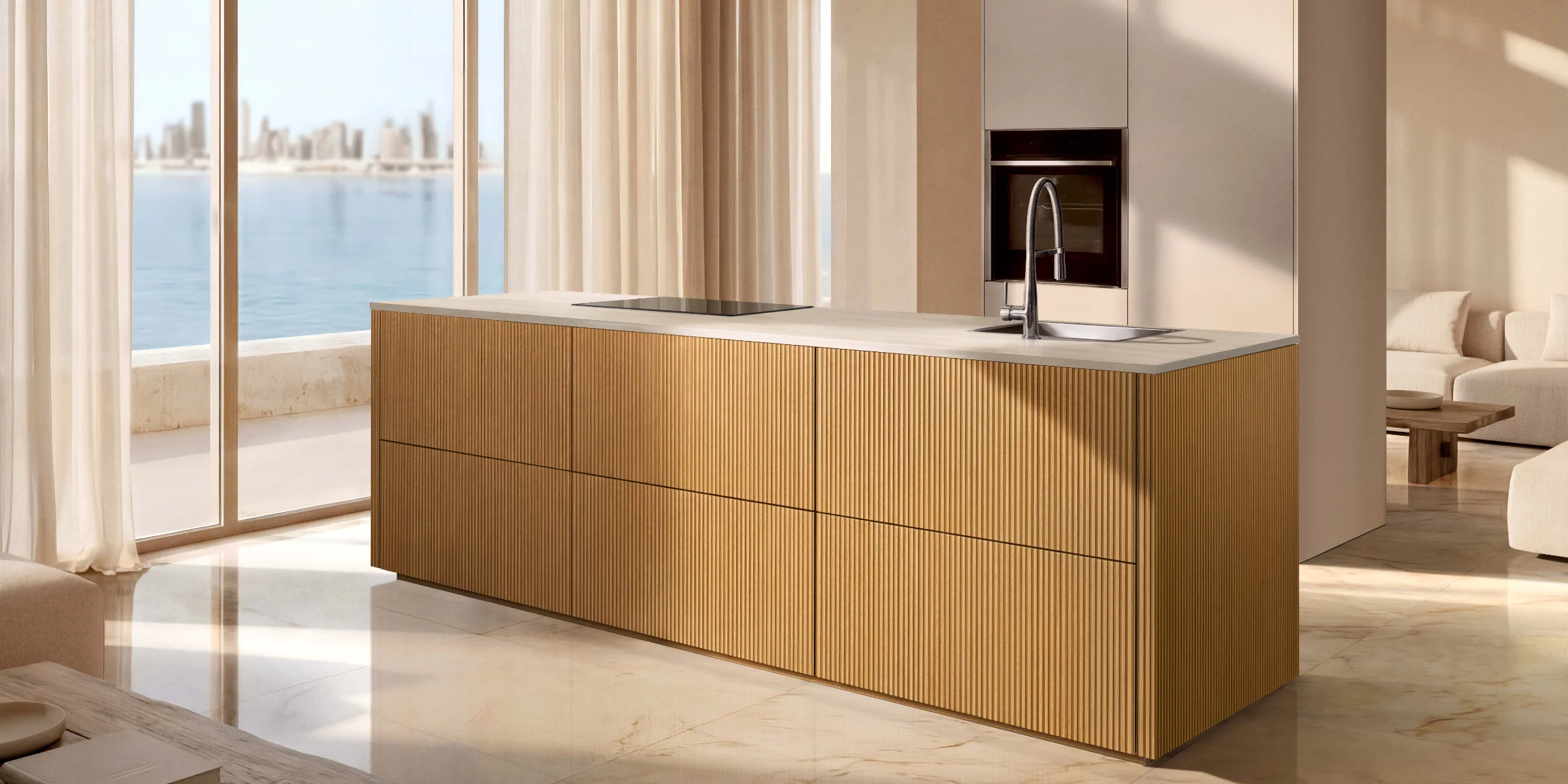 Nolte Küchen stands out in the modern kitchen with an island and lake view.