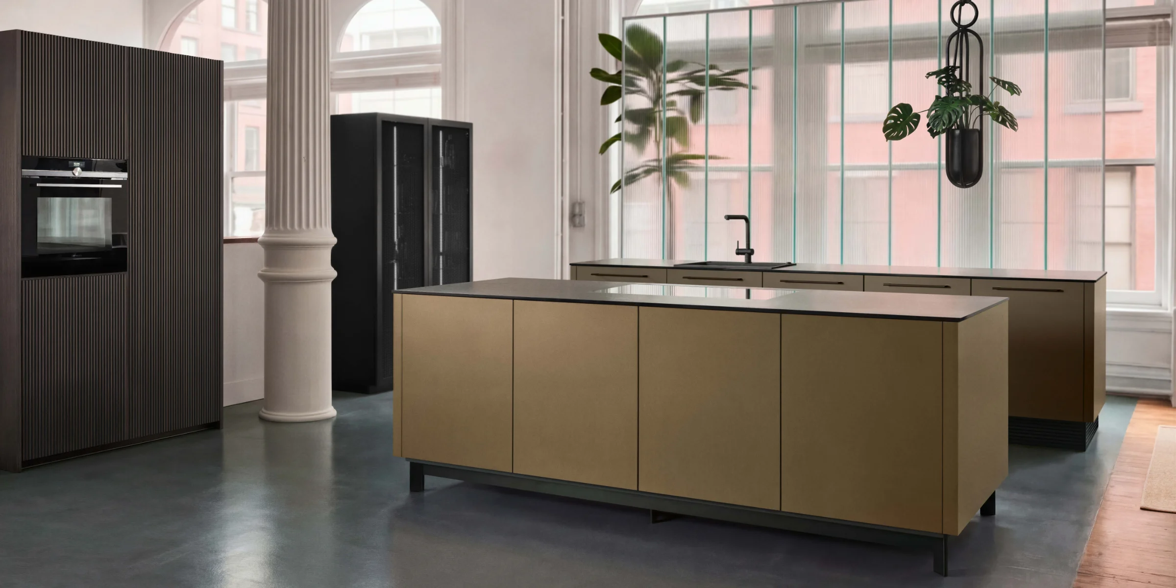 Cuisine moderne avec îlot central et grandes fenêtres, Nolte Küchen.