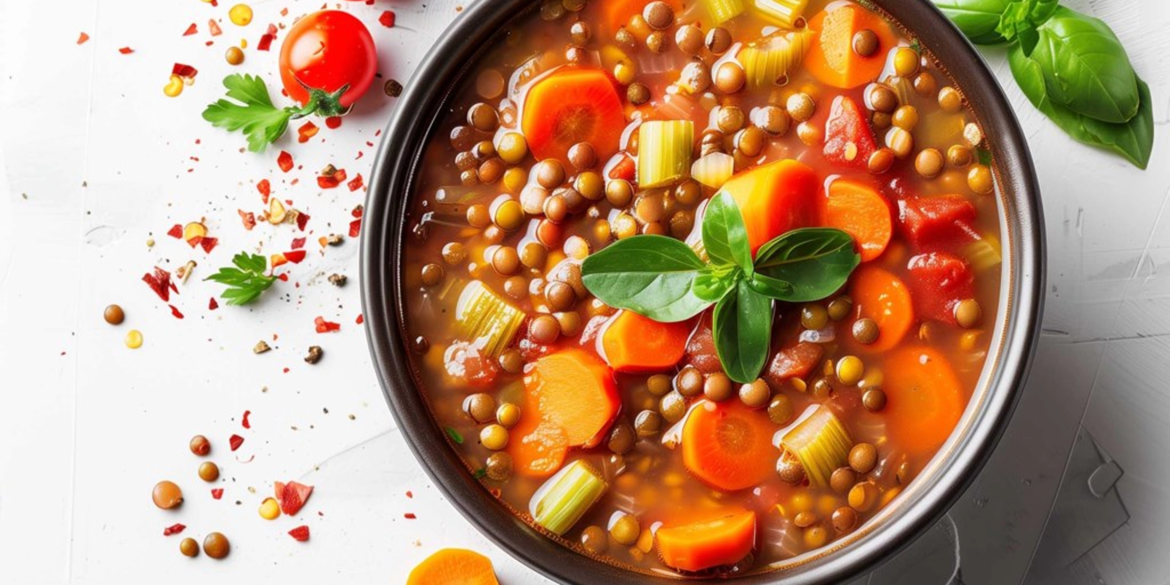A bowl of lentil soup garnished with fresh herbs, surrounded by tomatoes and spices.