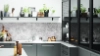 Modern gray kitchen with plants and decorative tiles in the background, designed by Nolte Kitchen.