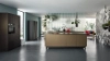 Cuisine moderne avec îlot et accents végétaux, salon en arrière-plan. Nolte Kitchen.