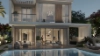 Ein modernes zweistöckiges Haus mit großer Glasfassade und Pool im Vordergrund bei Abenddämmerung.