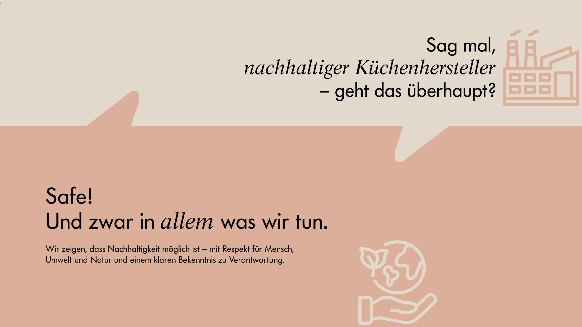 Ein Text über nachhaltige Küchenherstellung ziert die Grafik.