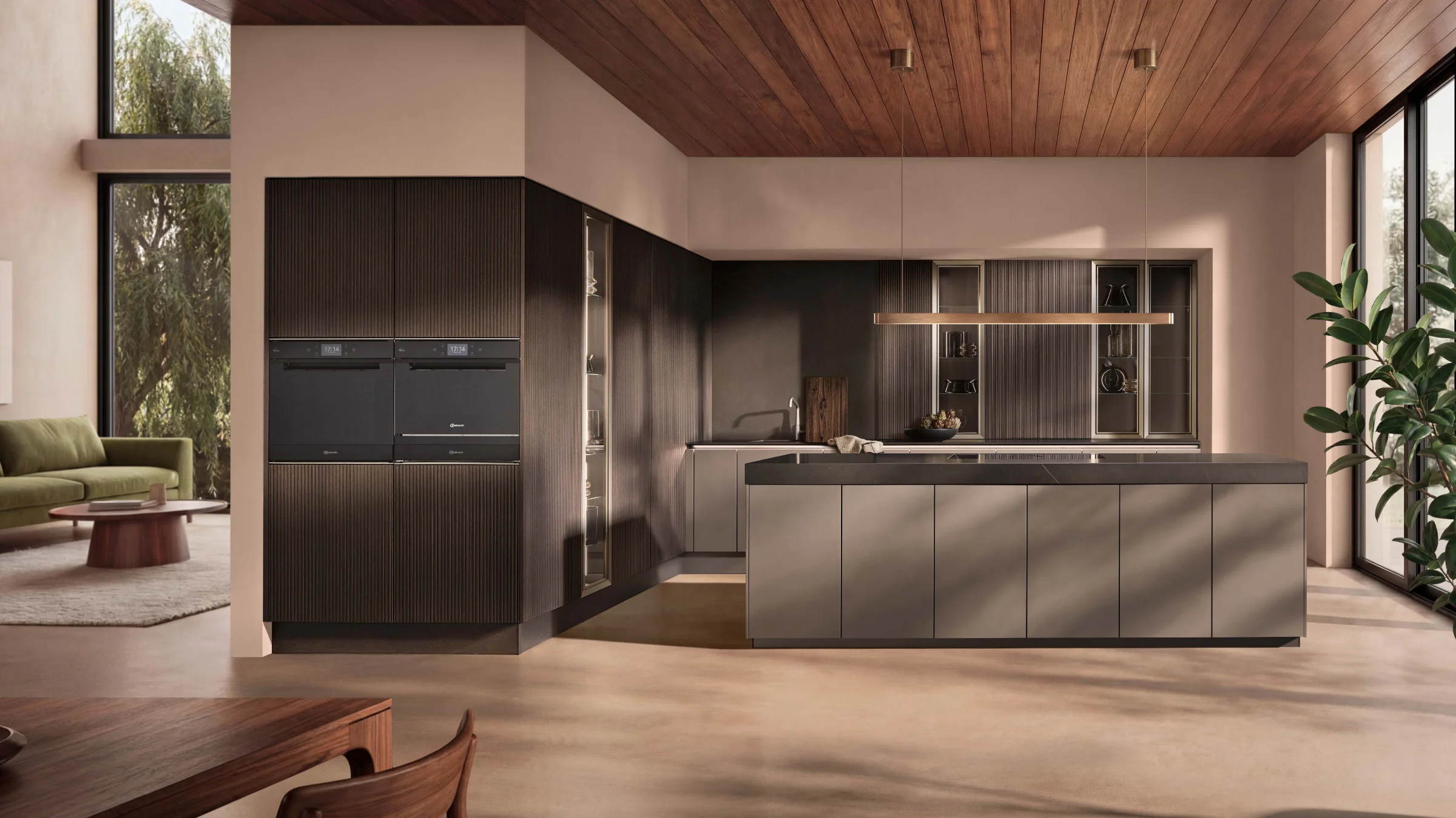 A modern kitchen with a wooden ceiling and large windows. Nolte kitchens.