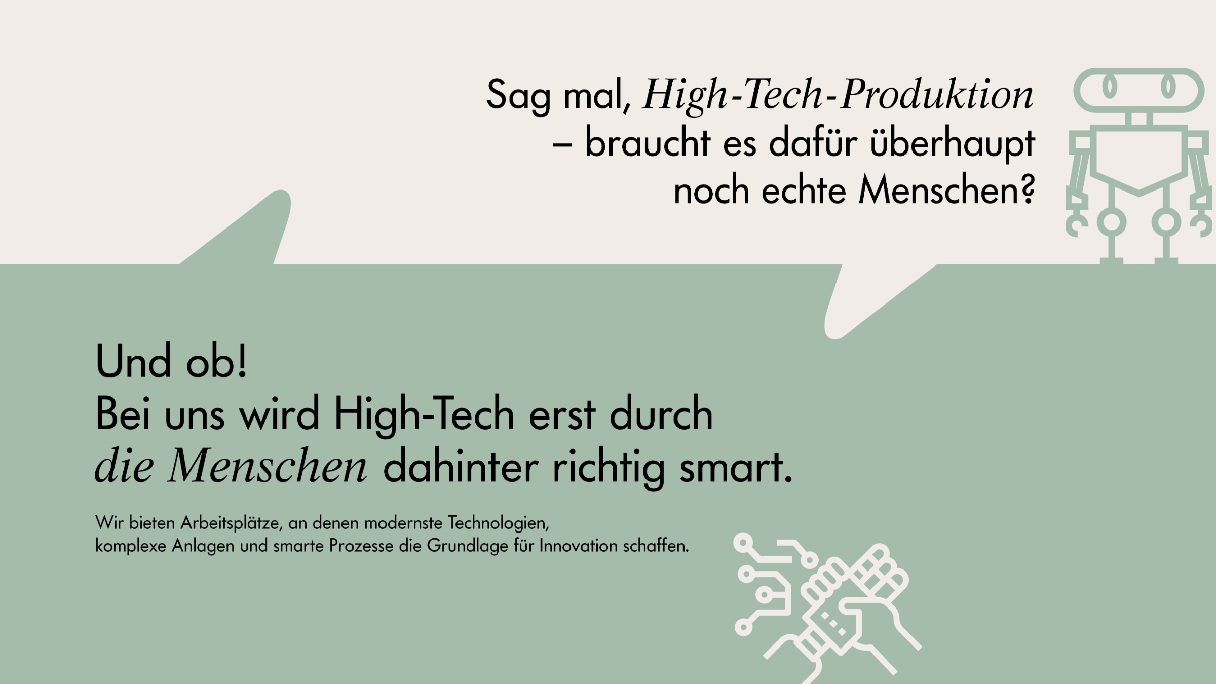 Ein Poster über High-Tech-Produktion mit Illustrationen von Robotern und Menschen.