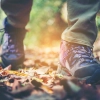 Un randonneur marche en chaussures de randonnée sur un chemin forestier couvert de feuilles.