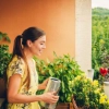 Une femme en robe jaune arrose des plantes sur un balcon avec un paysage vert en arrière-plan.