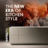 Îlot de cuisine moderne devant une fumée colorée en arrière-plan, Nolte Kitchen.