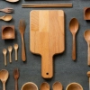 Divers ustensiles de cuisine en bois et une planche à découper sont disposés sur un fond sombre, Nolte Kitchen.