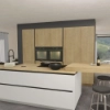 Eine moderne Küche mit Holz- und Weißtönen, ausgestattet mit Kochinsel und Barhockern. Nolte Küchen.