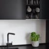 Cuisine moderne avec plan de travail noir, évier, placards à verres, pot de basilic, Nolte Kitchen.