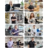 Personnes souriantes dans divers environnements de travail, avec des outils.