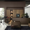 Cuisine moderne avec éléments en bois et accents sombres, conçue par Nolte Kitchen.