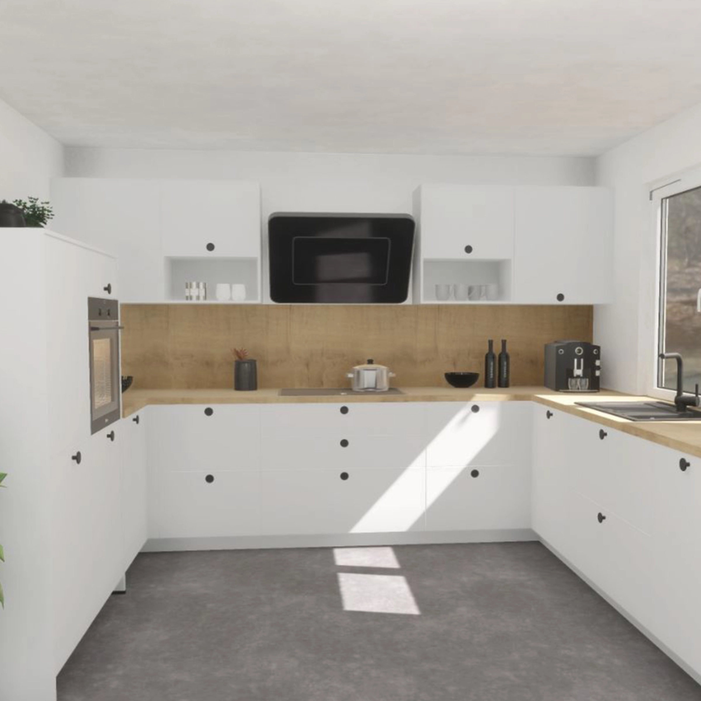 In einer modernen Küche mit weißen Schränken und Holzdetails wird das Design von Nolte Küchen präsentiert.