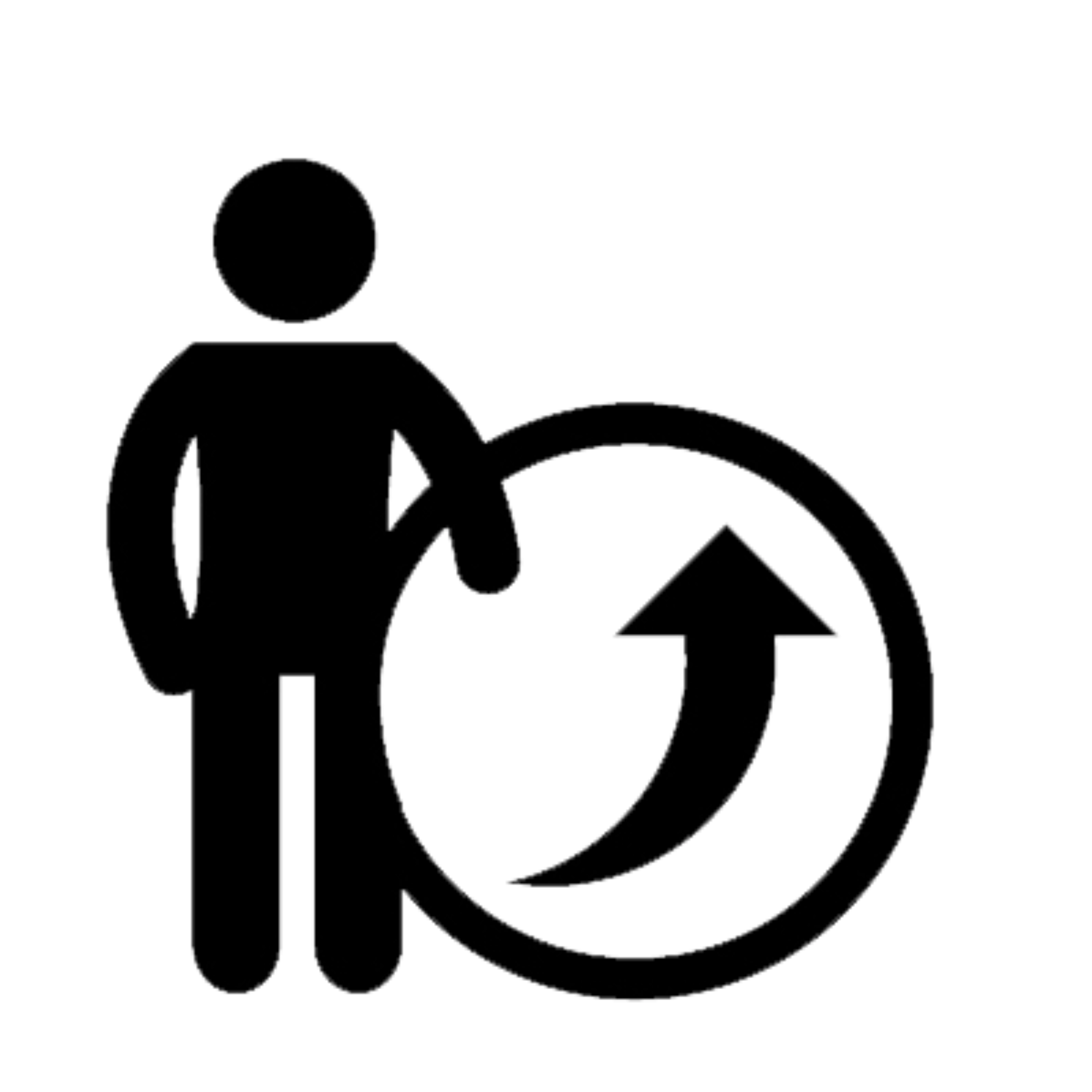 Ein stilisiertes Symbol zeigt eine Person neben einem Kreis mit einem Pfeil nach oben.