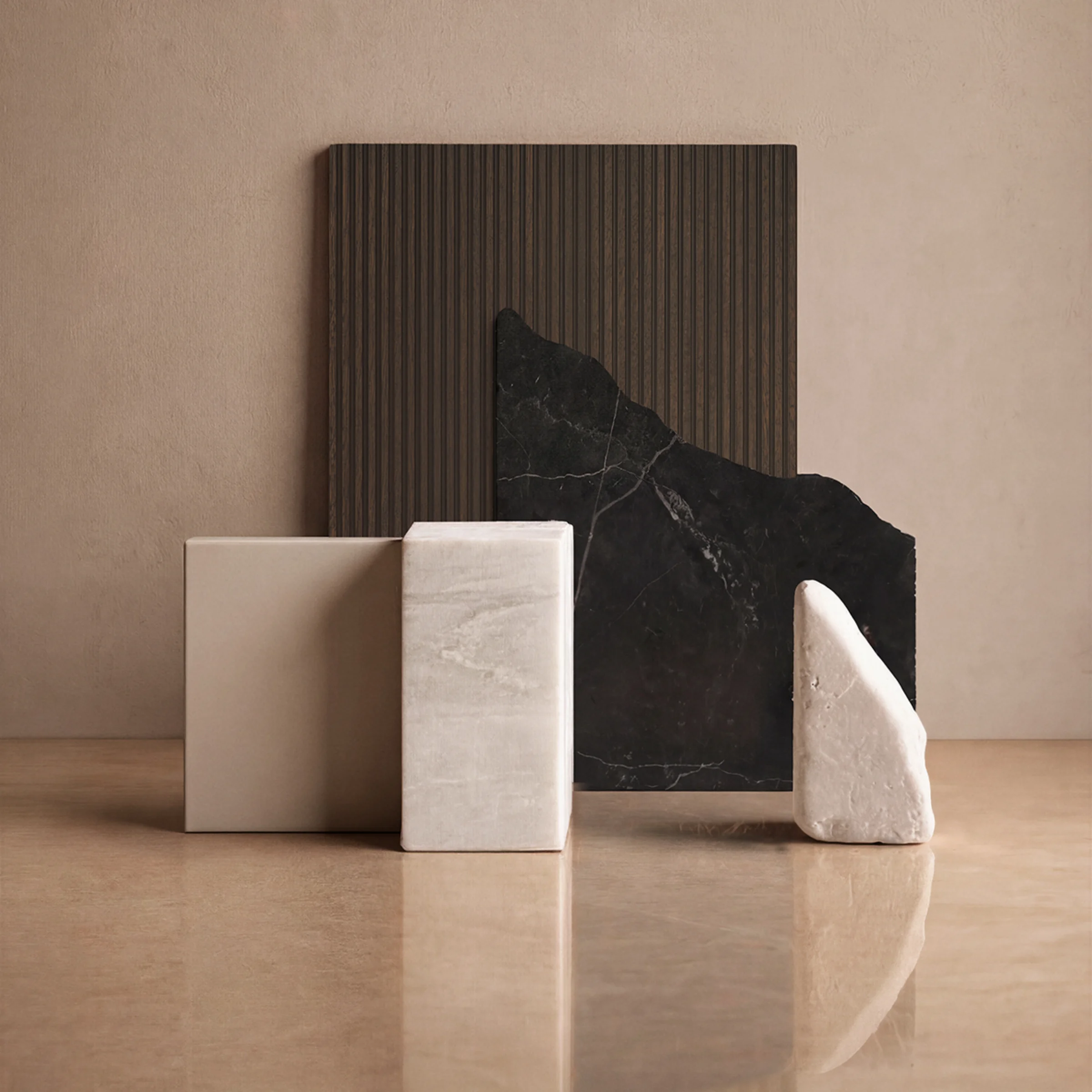 A stylish arrangement of marble and stone slabs on a reflective surface. NolteNeo.