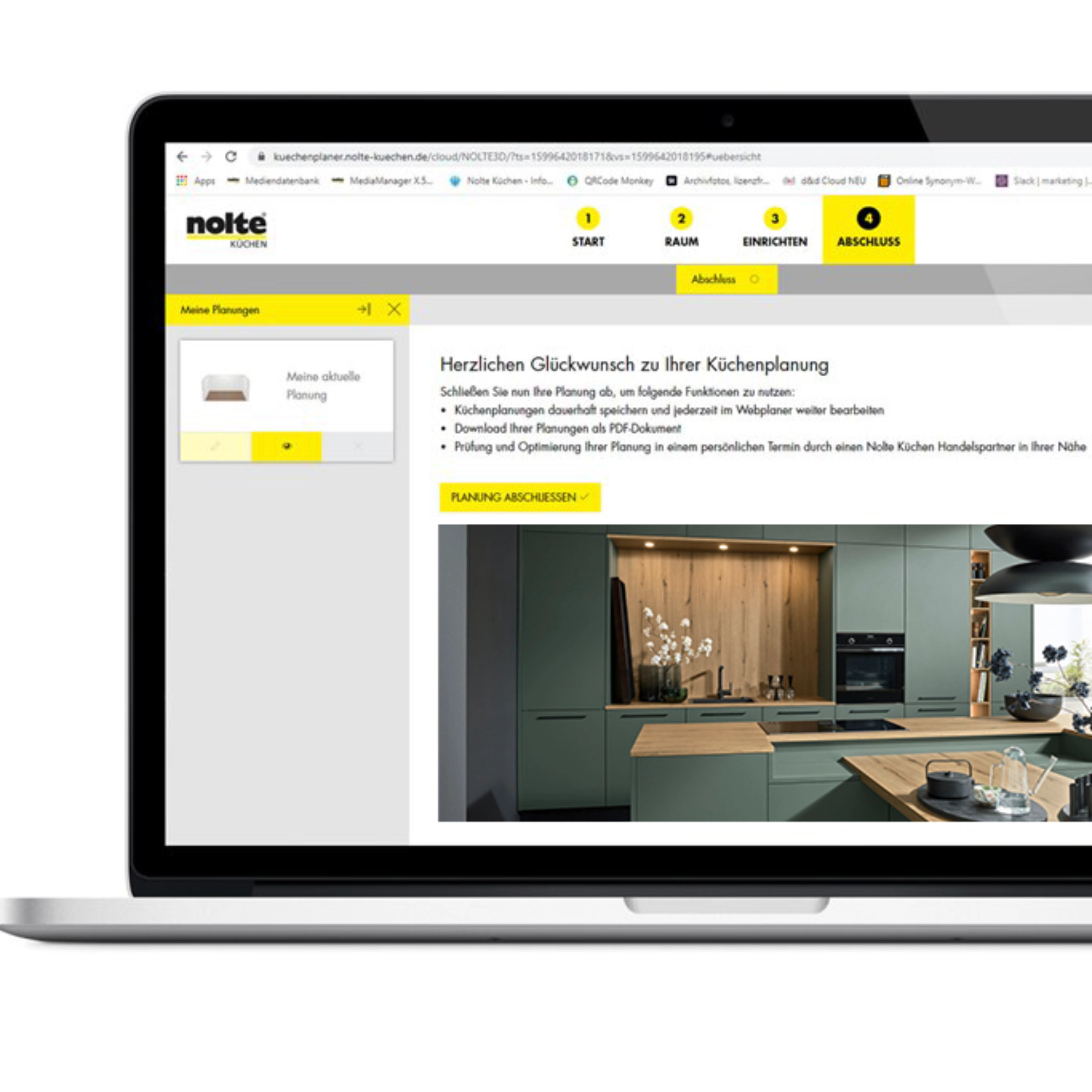 Une cuisine moderne en bois et gris de Nolte Kitchen est affichée sur un ordinateur portable.