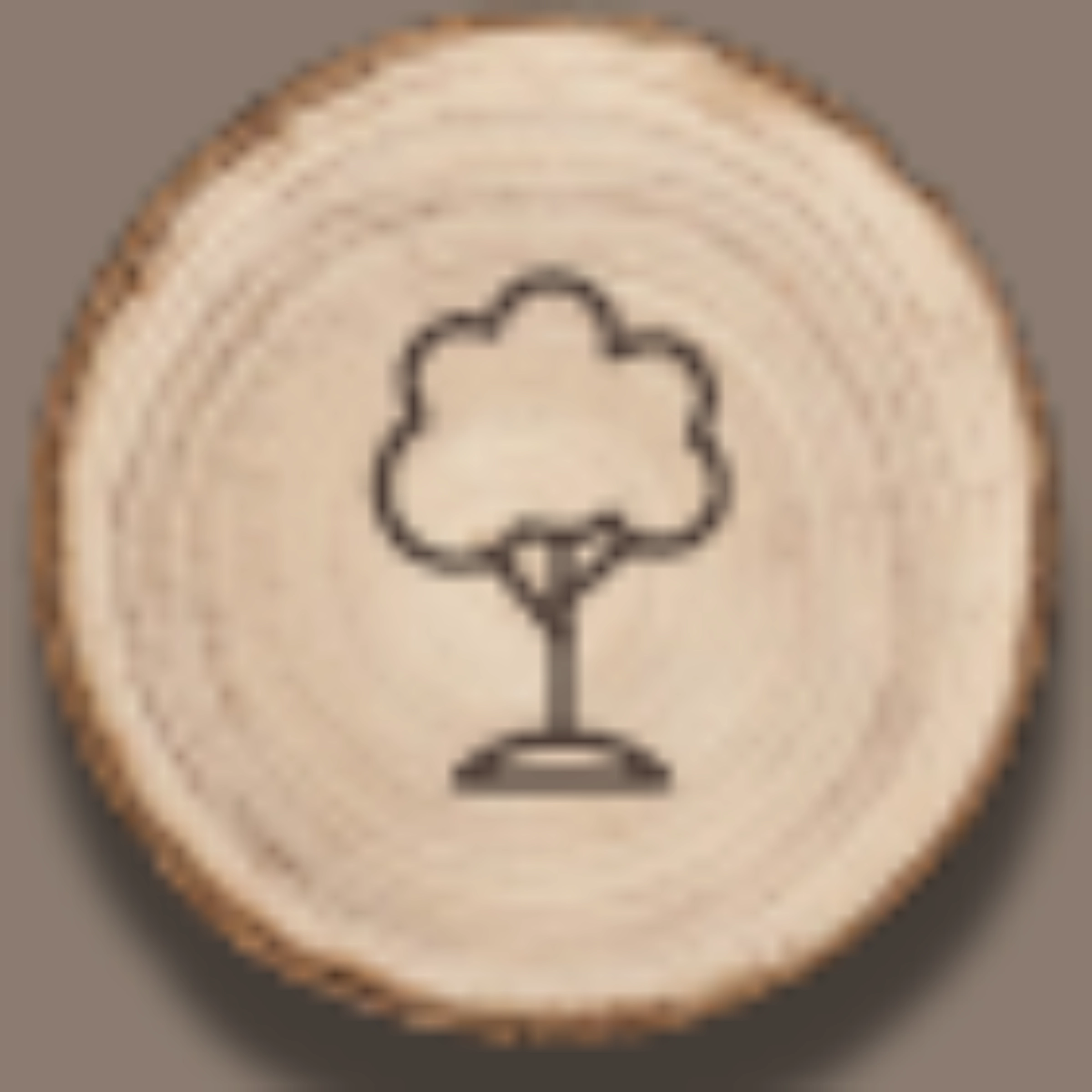 Ein stilisierter Baum ist auf einer Holzscheibe abgebildet.