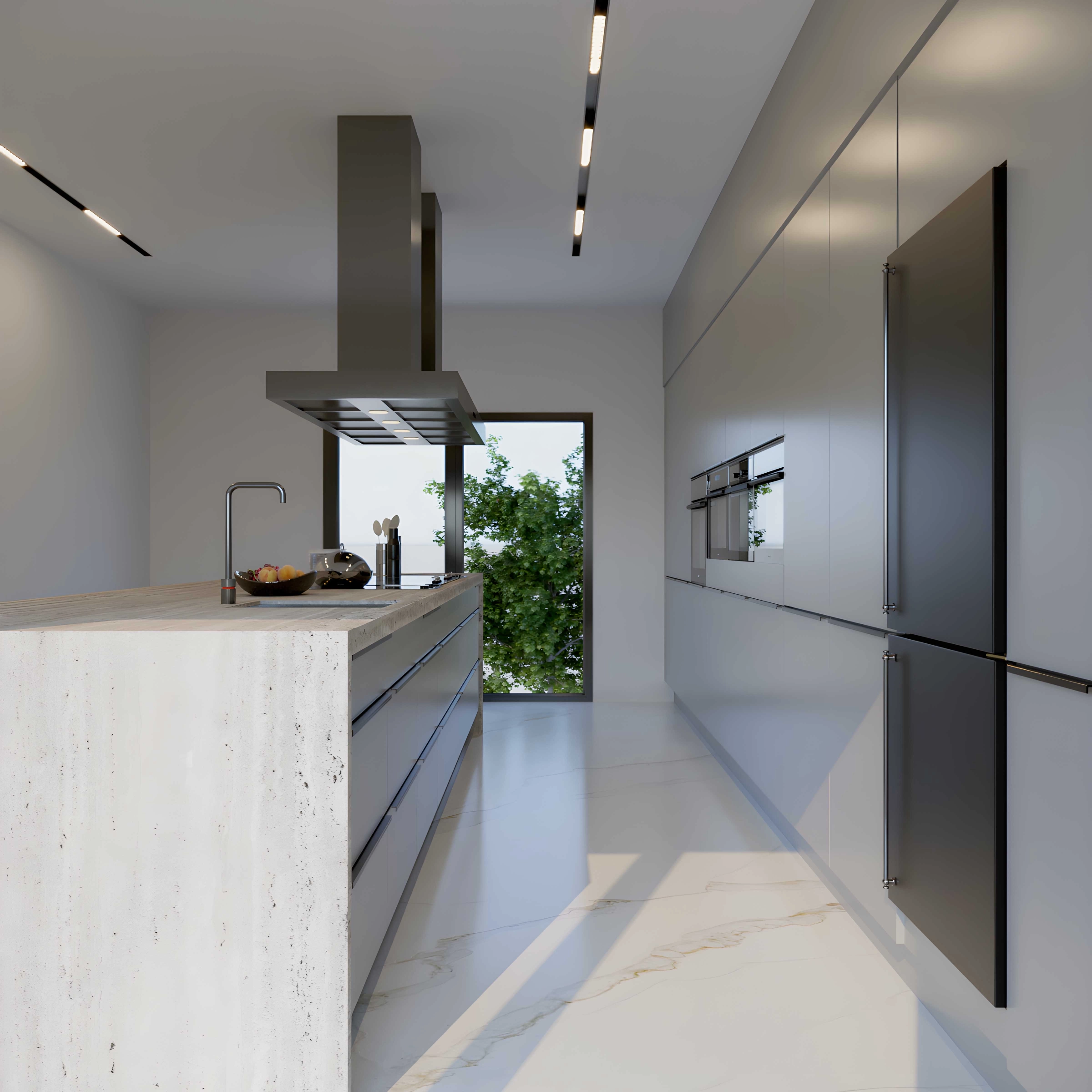 Cucina moderna con isola e grandi armadi, vista all'esterno, di Nolte Kitchen.