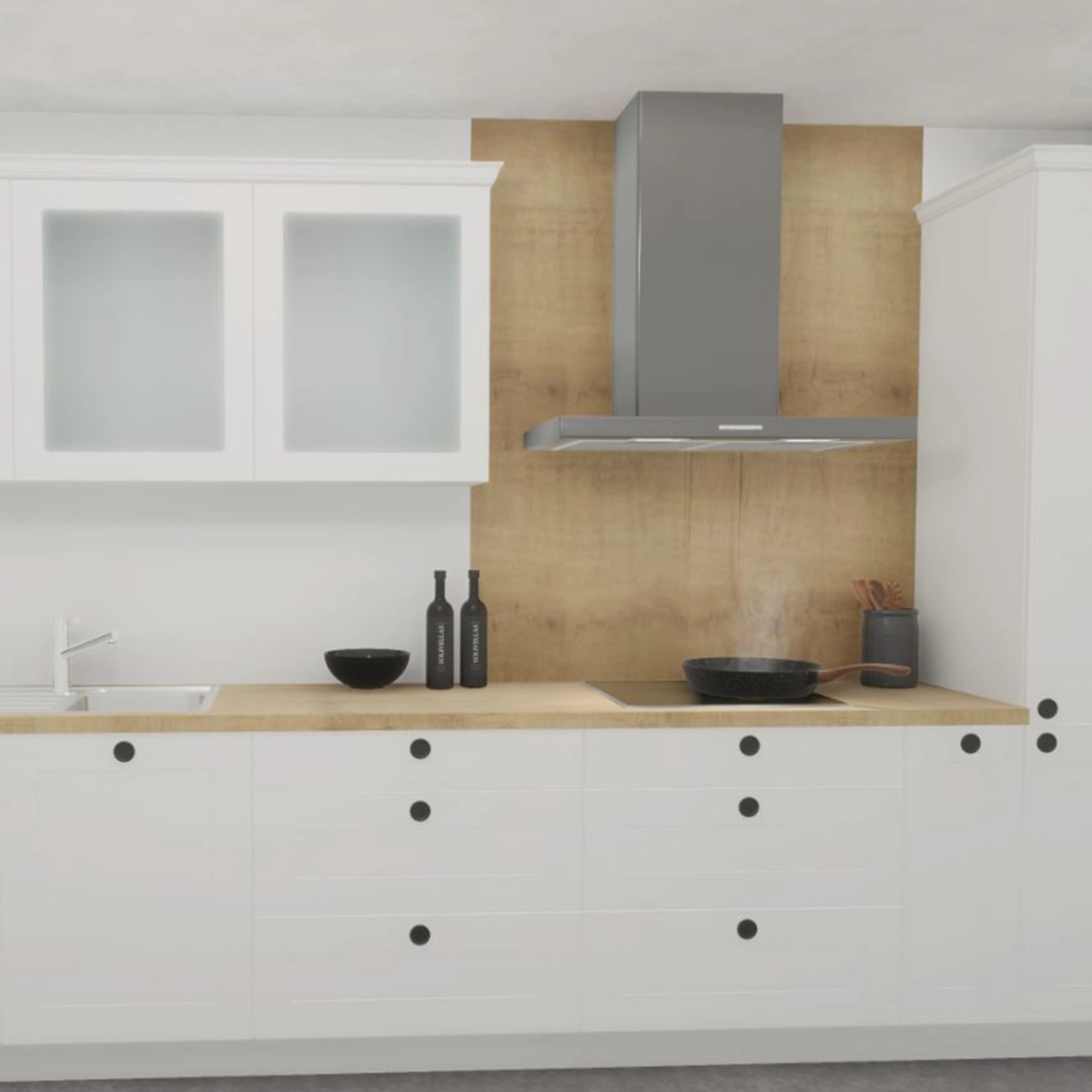 Cuisine moderne avec armoires blanches et accents en bois, Nolte Kitchen.