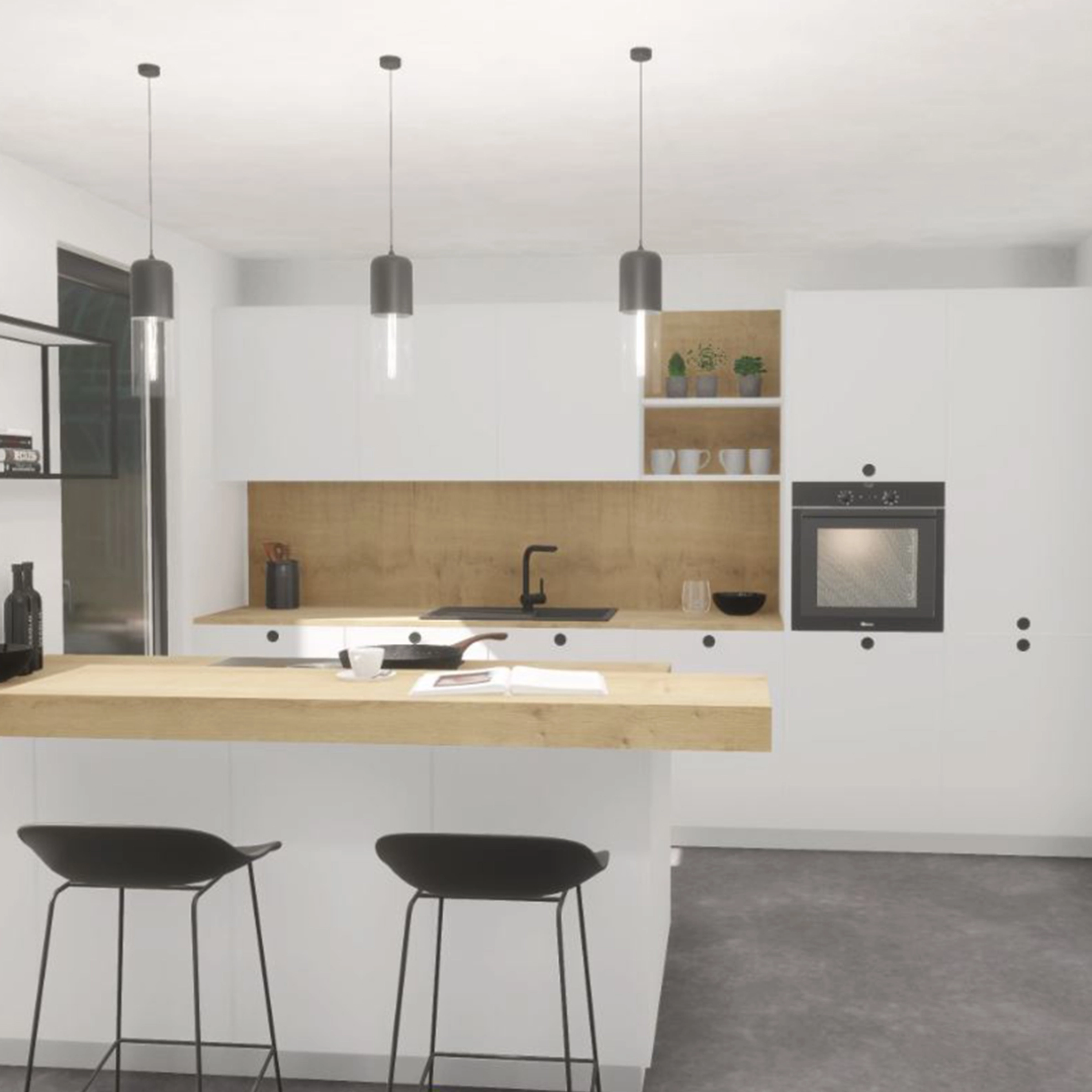 Eine moderne, weiße Küche mit Holzdetails und drei Hängelampen, gestaltet von Nolte Küchen.