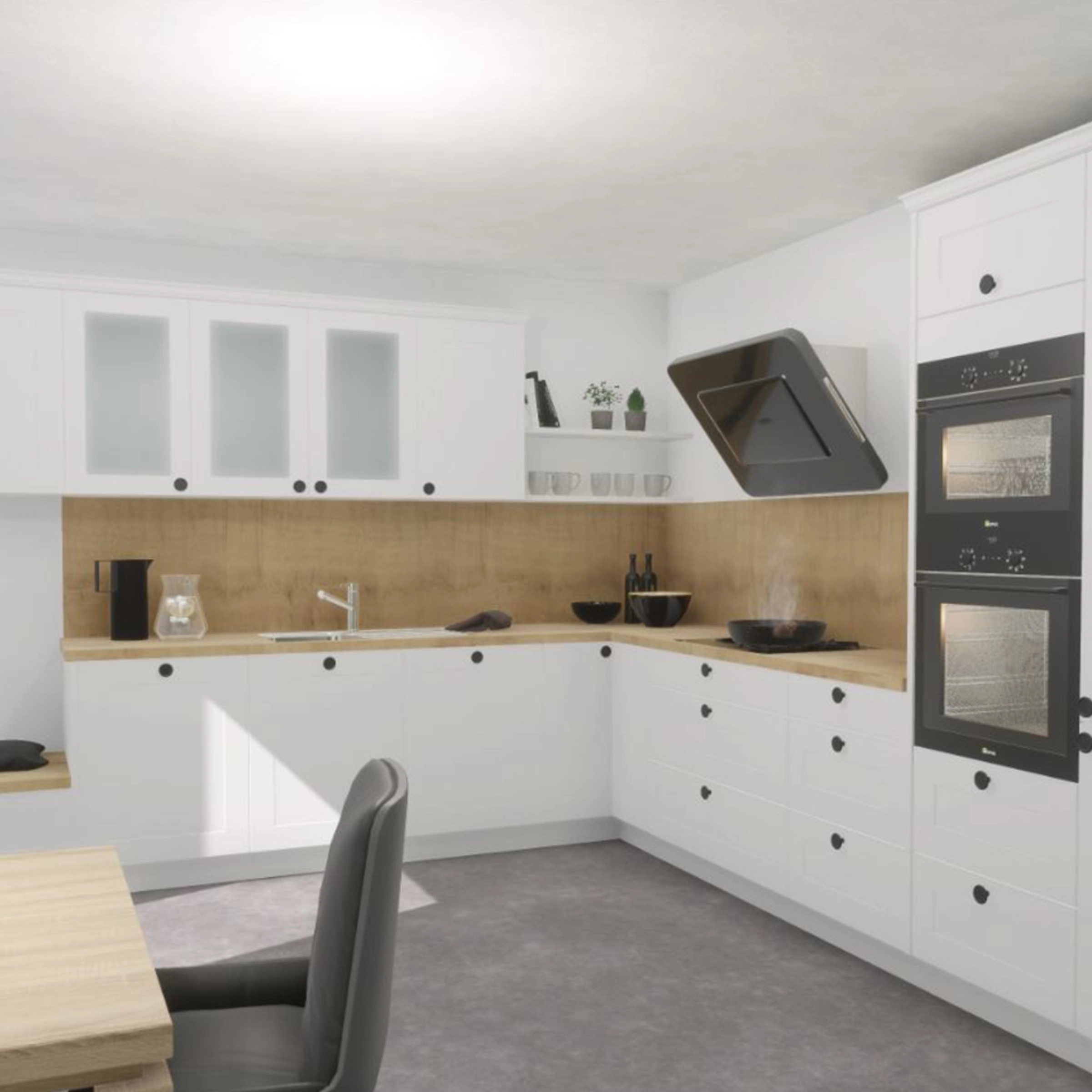 In einer modernen Küche mit weißen Schränken und Holzdetails wird ein zeitloses Design von Nolte Küchen präsentiert.