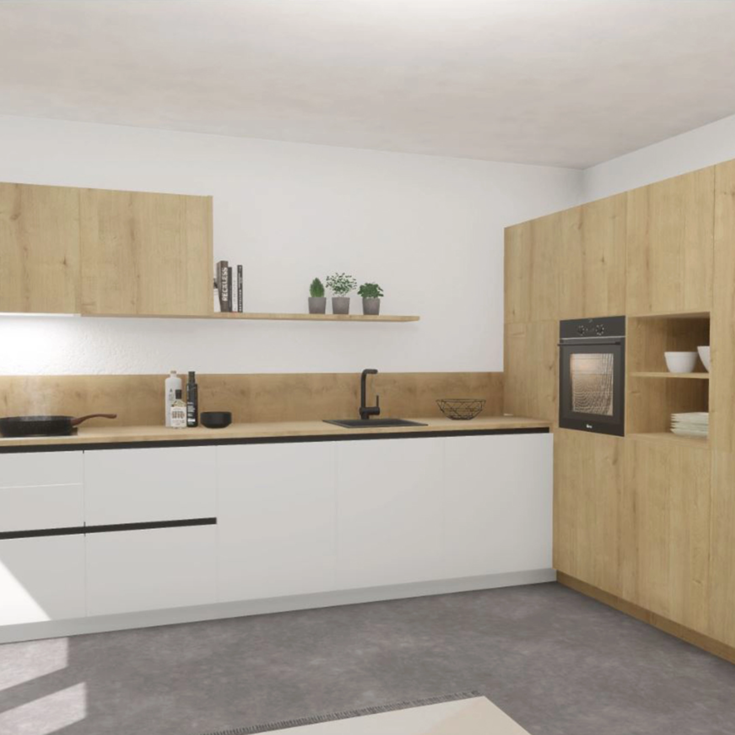 Eine moderne Küche mit Holz- und weißen Fronten, Nolte Küchen.