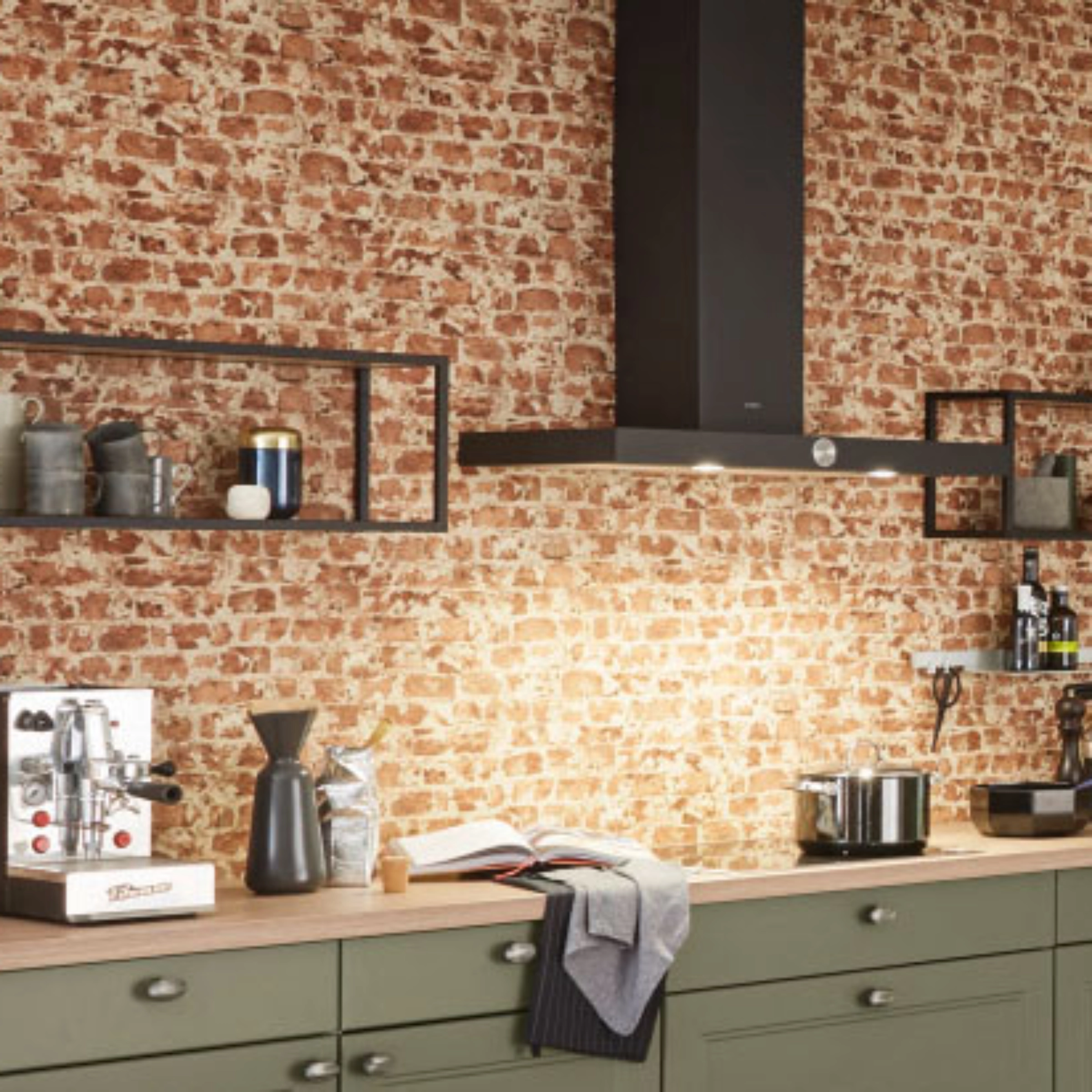 Cucina moderna con parete in mattoni e design Nolte Kitchen.