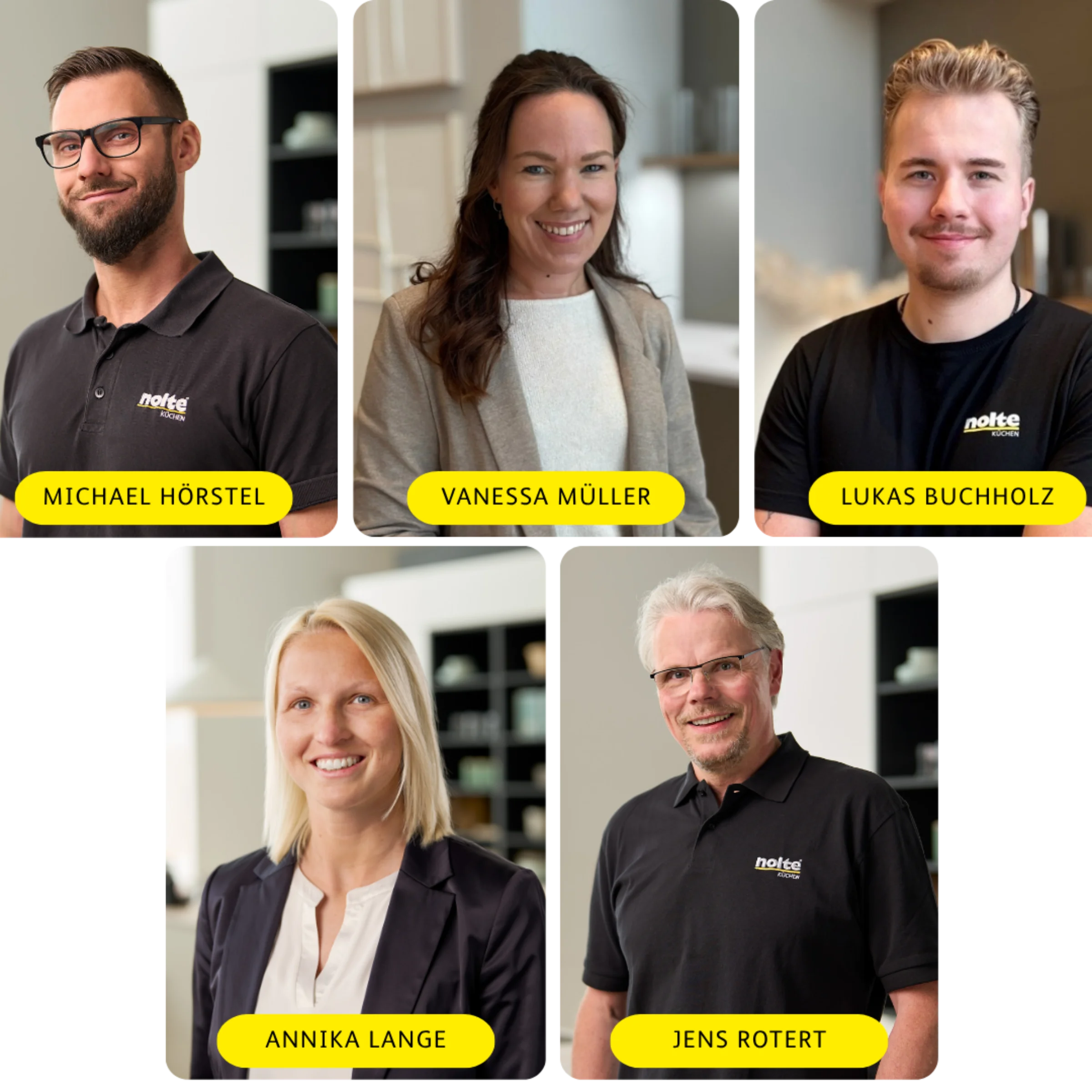 Five people smiling in a modern Nolte Kitchen kitchen.