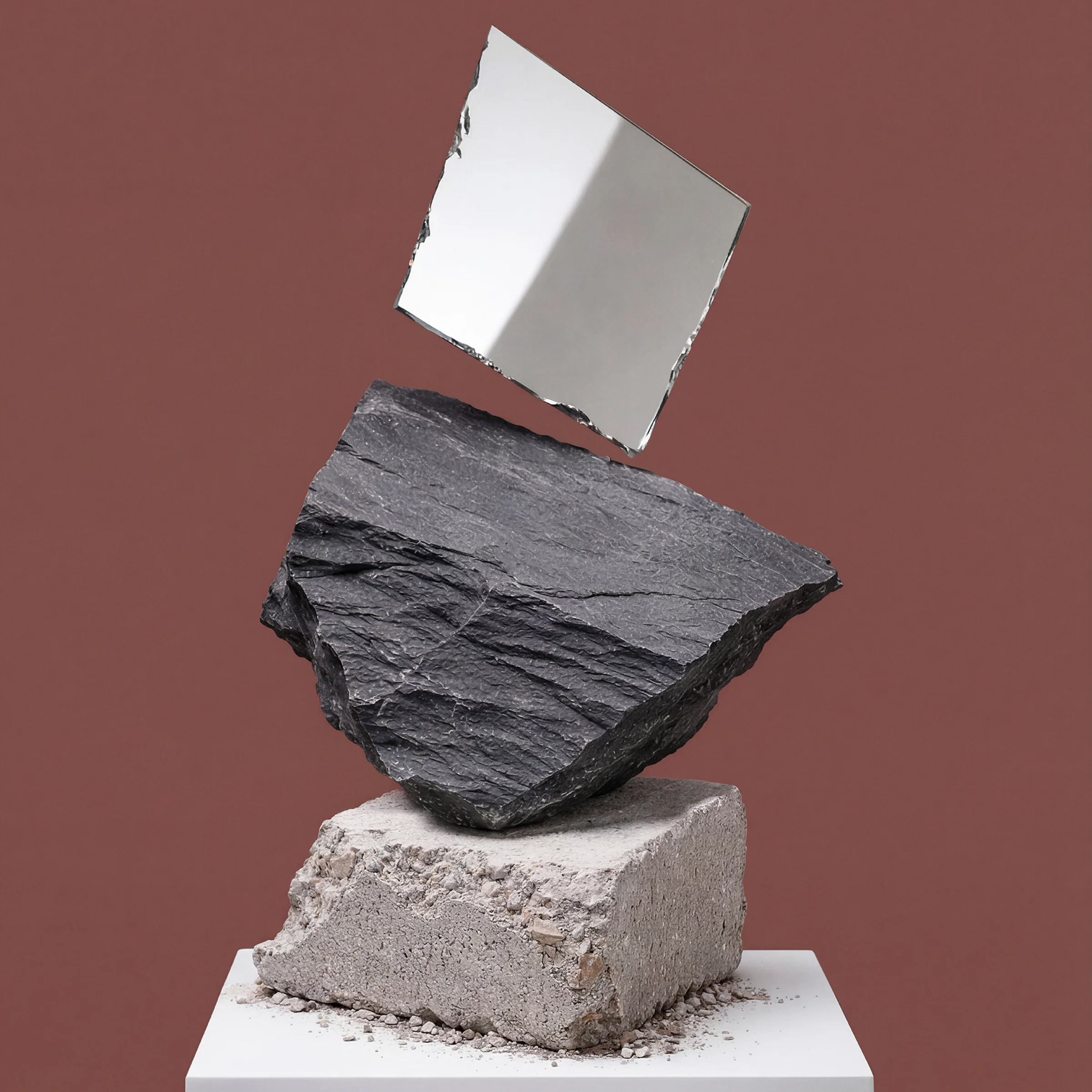 A floating mirror above two stone blocks against a red background.