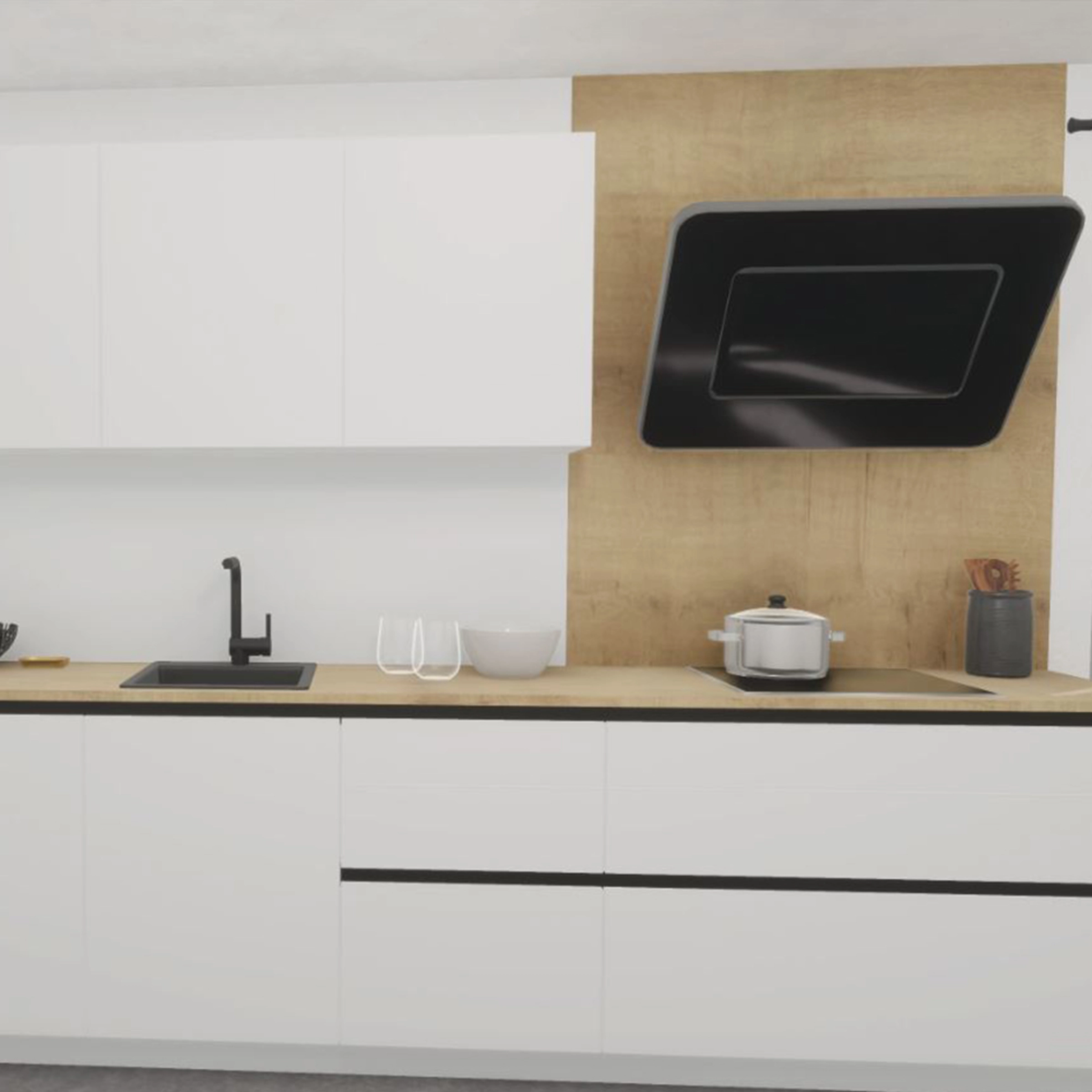 Une cuisine moderne blanche avec des détails en bois et des appareils noirs, Nolte Kitchen.