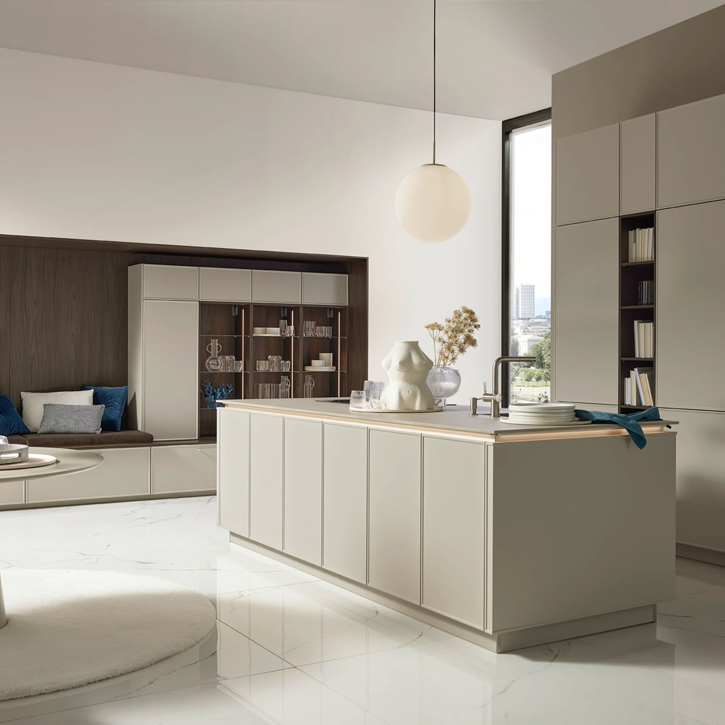 A modern kitchen with an island and seating area, Nolte Küchen.